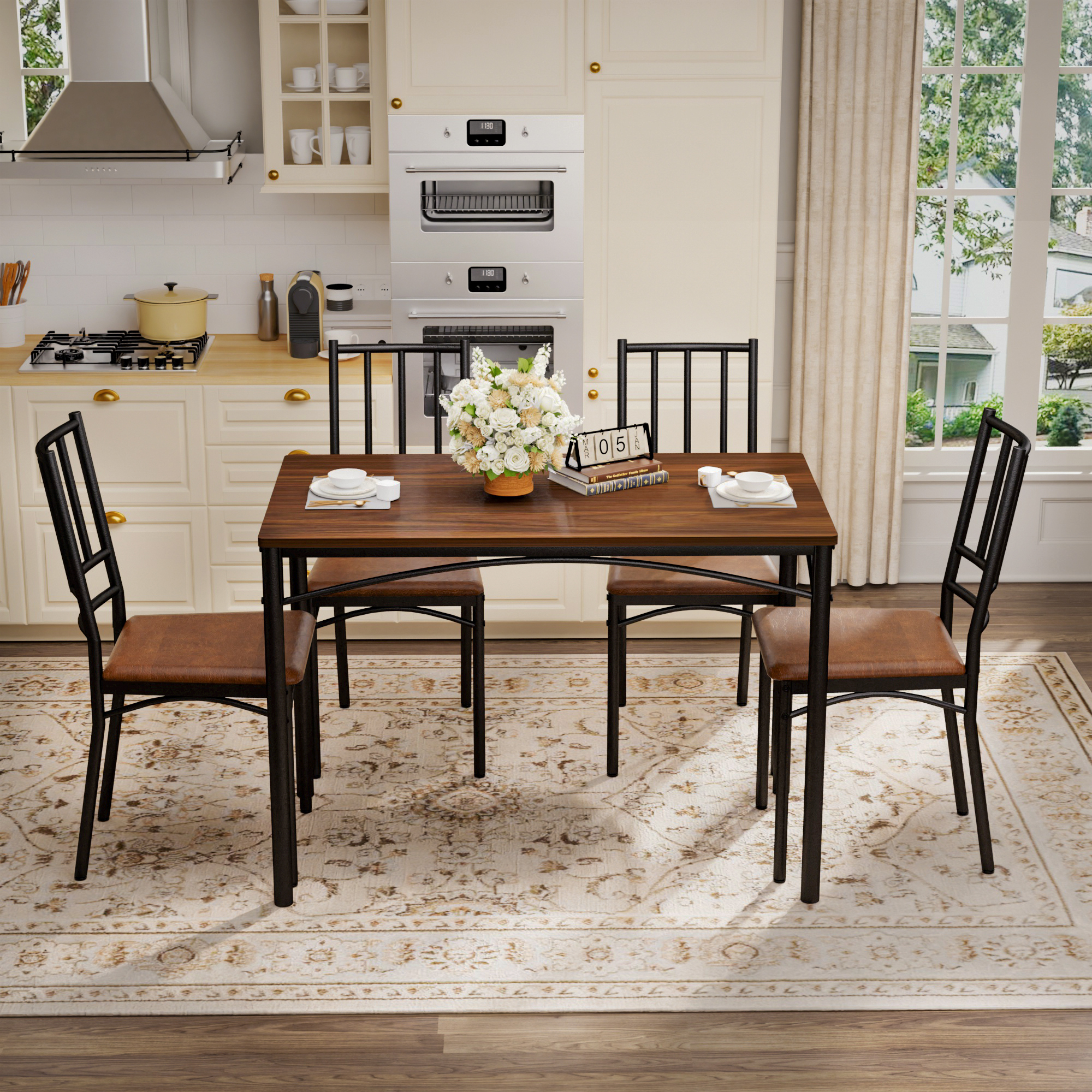 Dining Table Set, Bar Table with 4 Dining Benches, Kitchen Table Counter with Chairs, Industrial for Kitchen Breakfast Table, Living Room, Party Room, Walnut, 43.3″L x23.6″W x 30.1″H - Image 4