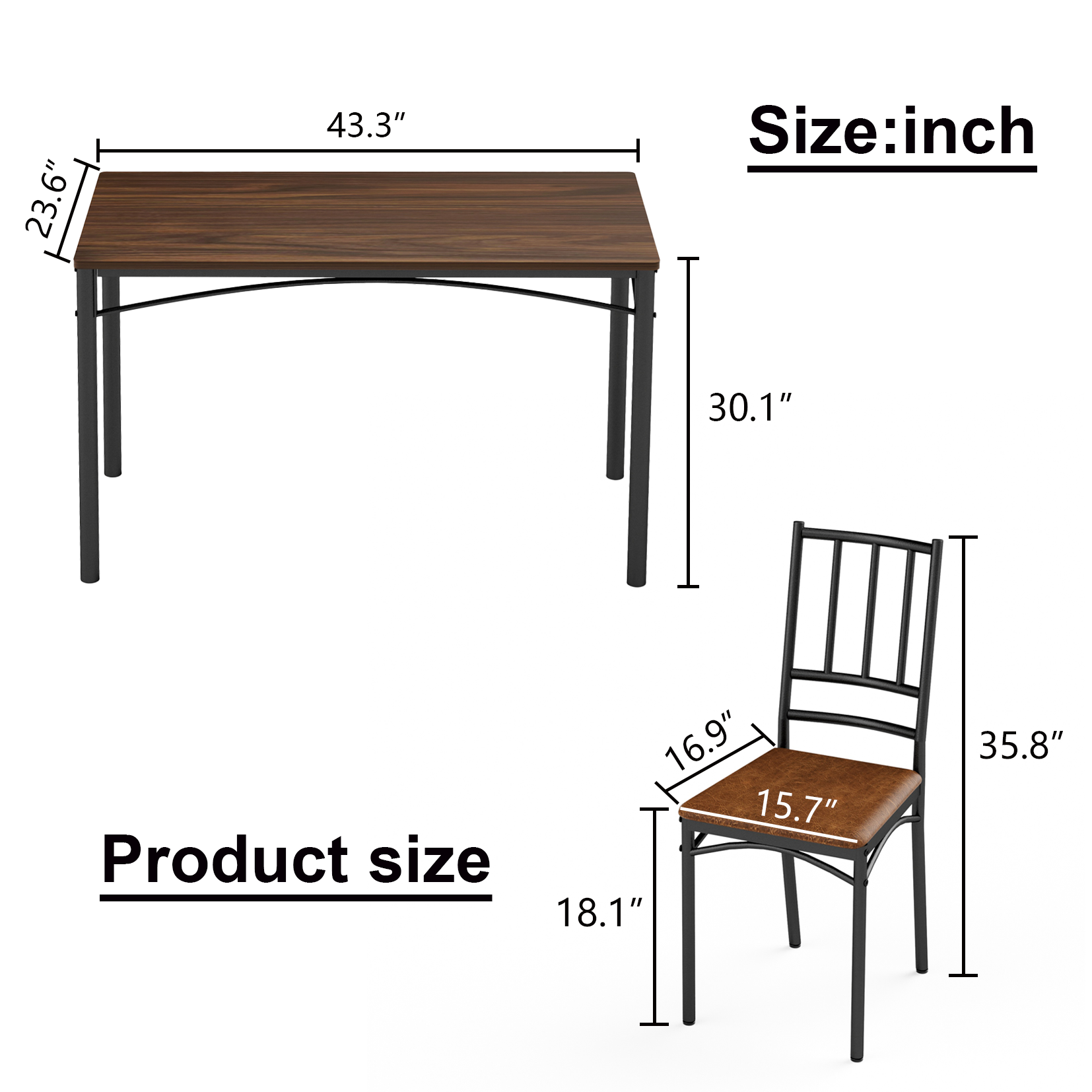 Dining Table Set, Bar Table with 4 Dining Benches, Kitchen Table Counter with Chairs, Industrial for Kitchen Breakfast Table, Living Room, Party Room, Walnut, 43.3″L x23.6″W x 30.1″H - Image 6