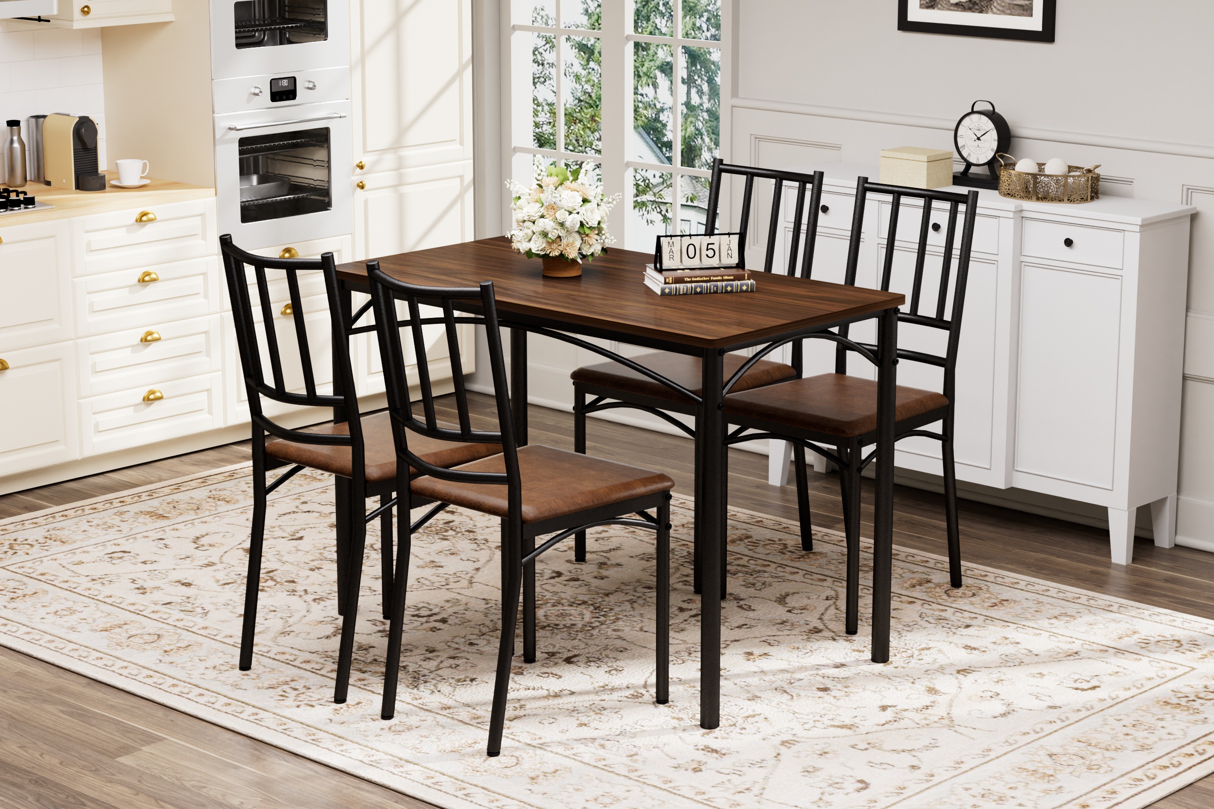 Dining Table Set, Bar Table with 4 Dining Benches, Kitchen Table Counter with Chairs, Industrial for Kitchen Breakfast Table, Living Room, Party Room, Walnut, 43.3″L x23.6″W x 30.1″H - Image 5