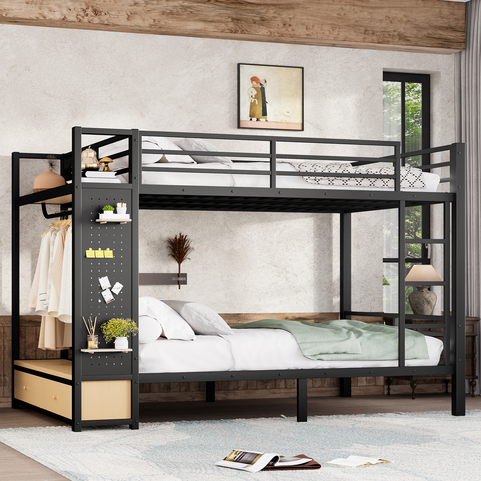 Queen over Queen size Metal Bunk Bed for Teens with Storage Shelves ,Drawers and Pegboard,Black - Image 1