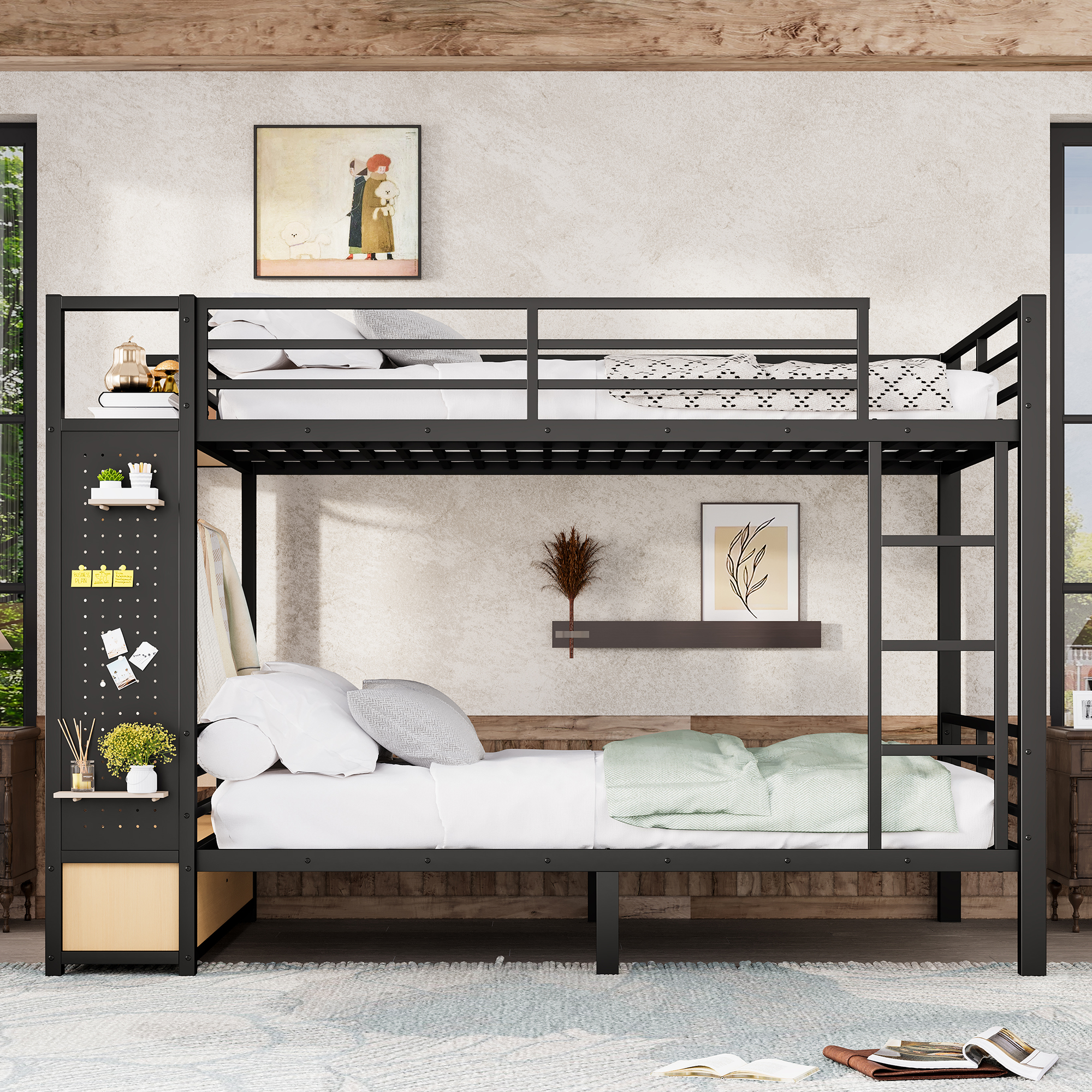 Queen over Queen size Metal Bunk Bed for Teens with Storage Shelves ,Drawers and Pegboard,Black - Image 2