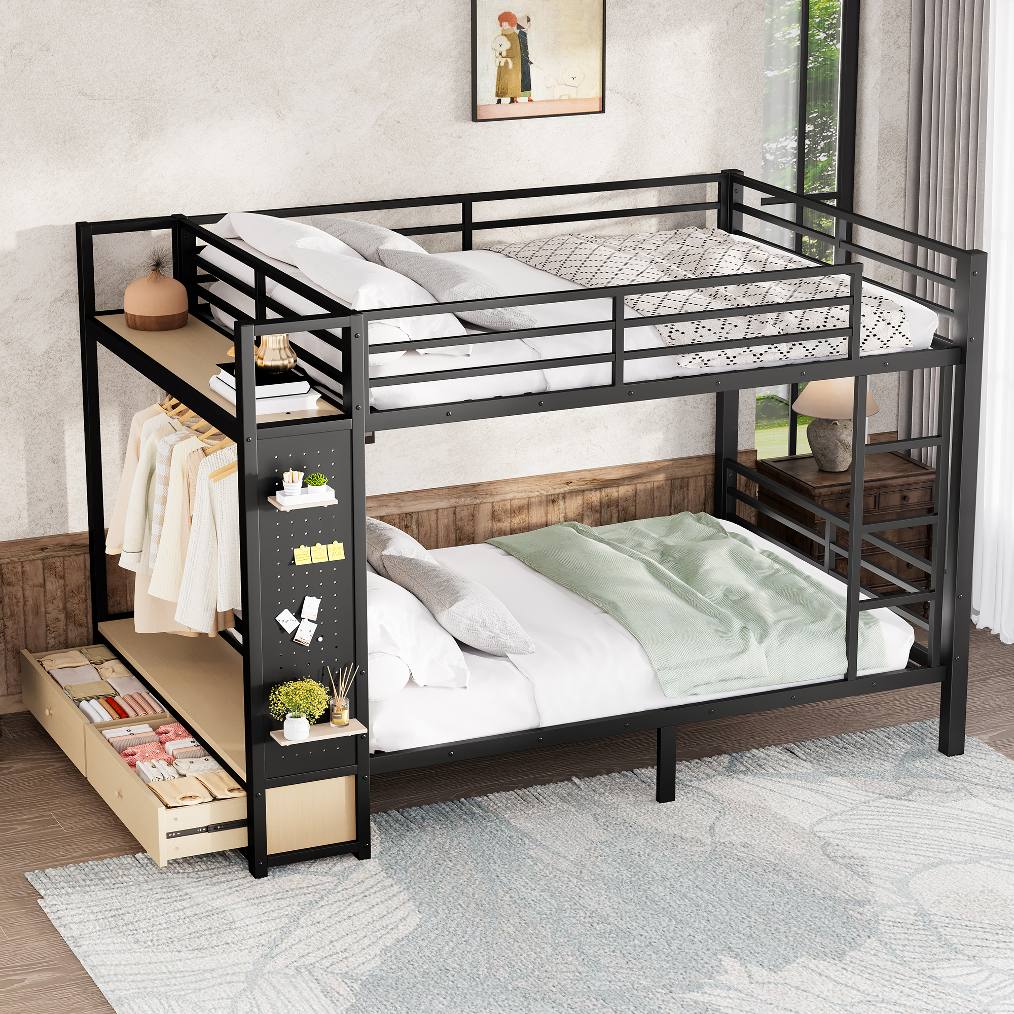 Queen over Queen size Metal Bunk Bed for Teens with Storage Shelves ,Drawers and Pegboard,Black - Image 3