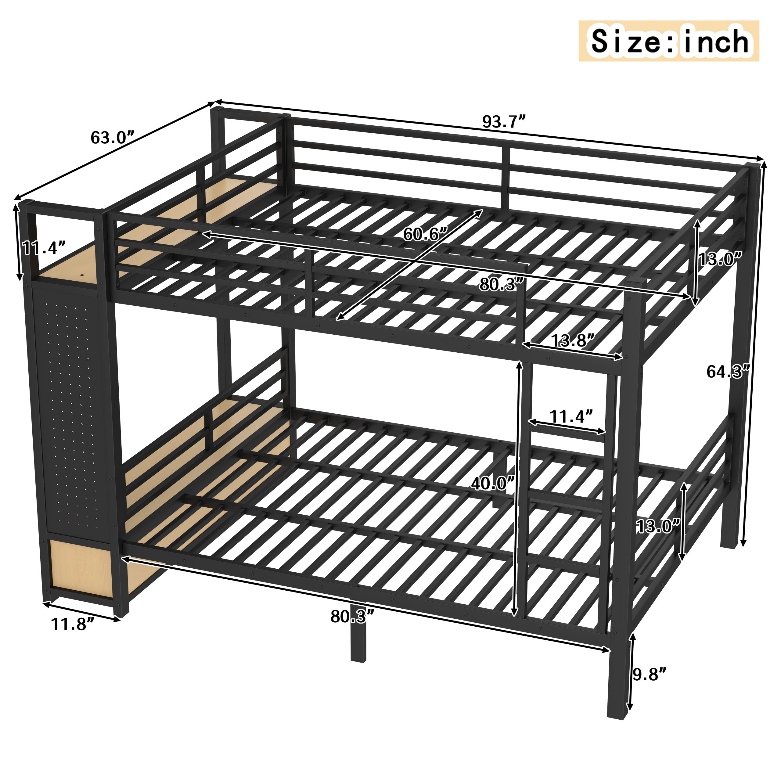 Queen over Queen size Metal Bunk Bed for Teens with Storage Shelves ,Drawers and Pegboard,Black - Image 4