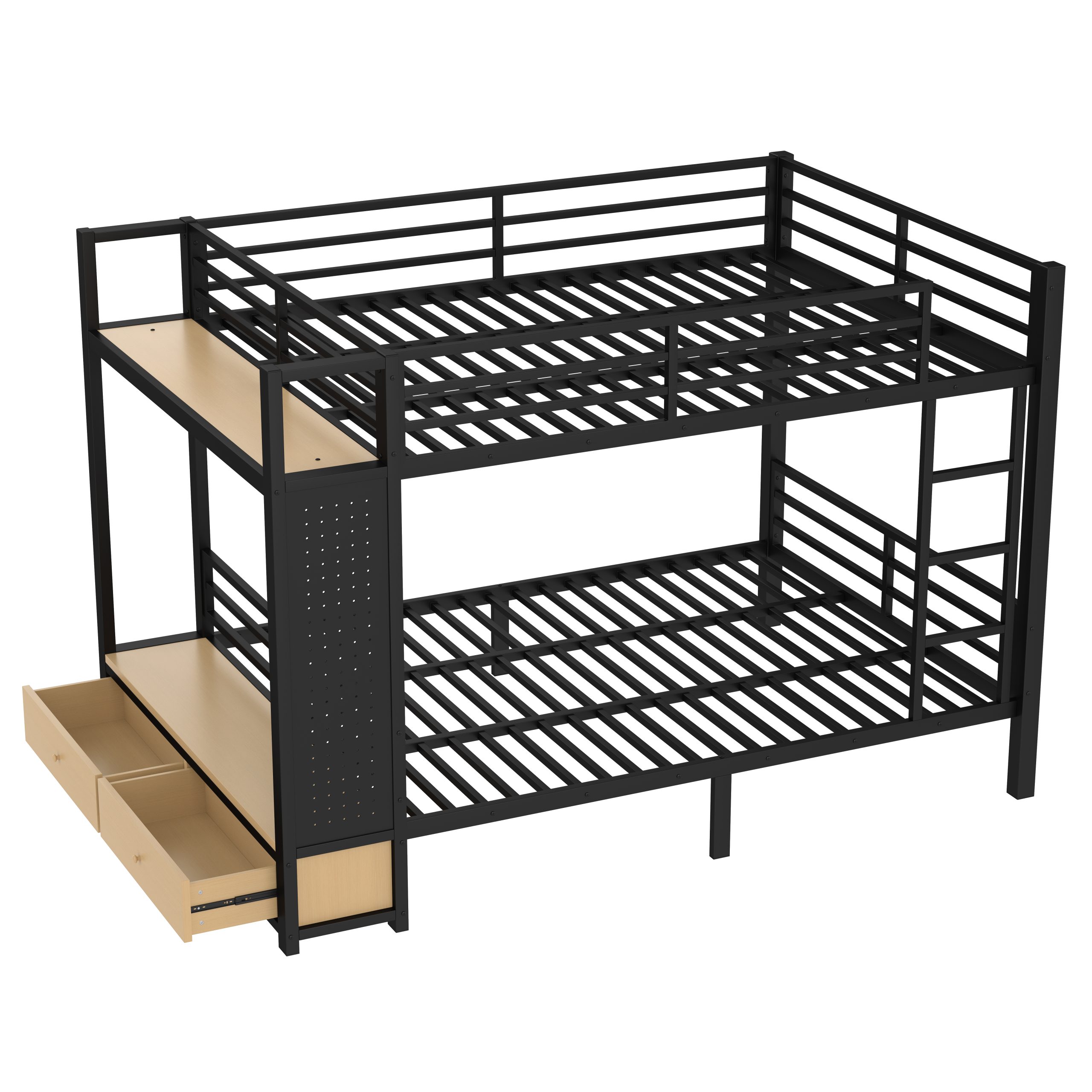Queen over Queen size Metal Bunk Bed for Teens with Storage Shelves ,Drawers and Pegboard,Black - Image 5