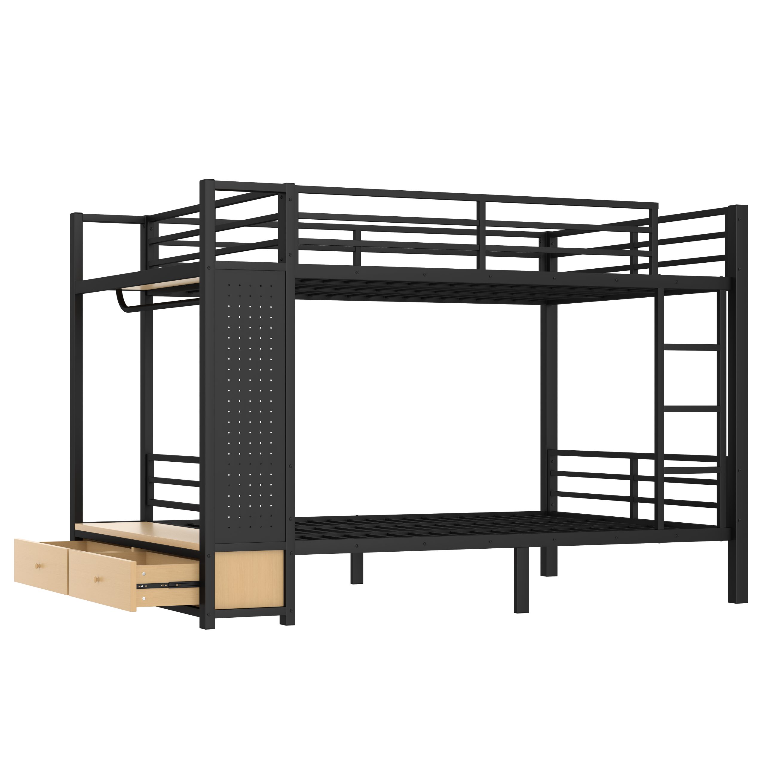 Queen over Queen size Metal Bunk Bed for Teens with Storage Shelves ,Drawers and Pegboard,Black - Image 6