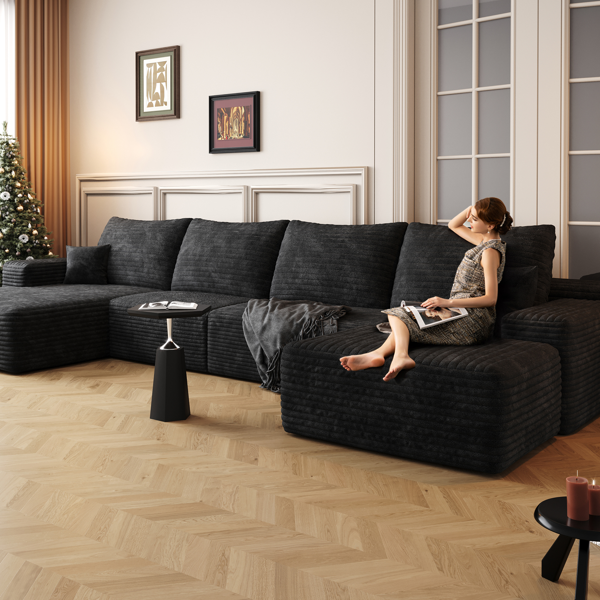 135" Cloud Sectional Sofa with 1 Ottoman,Modern Minimalist Upholstered Couches, Comfort U Shaped Sofa for Living Room,Deep Seat Corner Couch,No Assembly Required,Black (Plush Corduroy Fabric) - Image 3