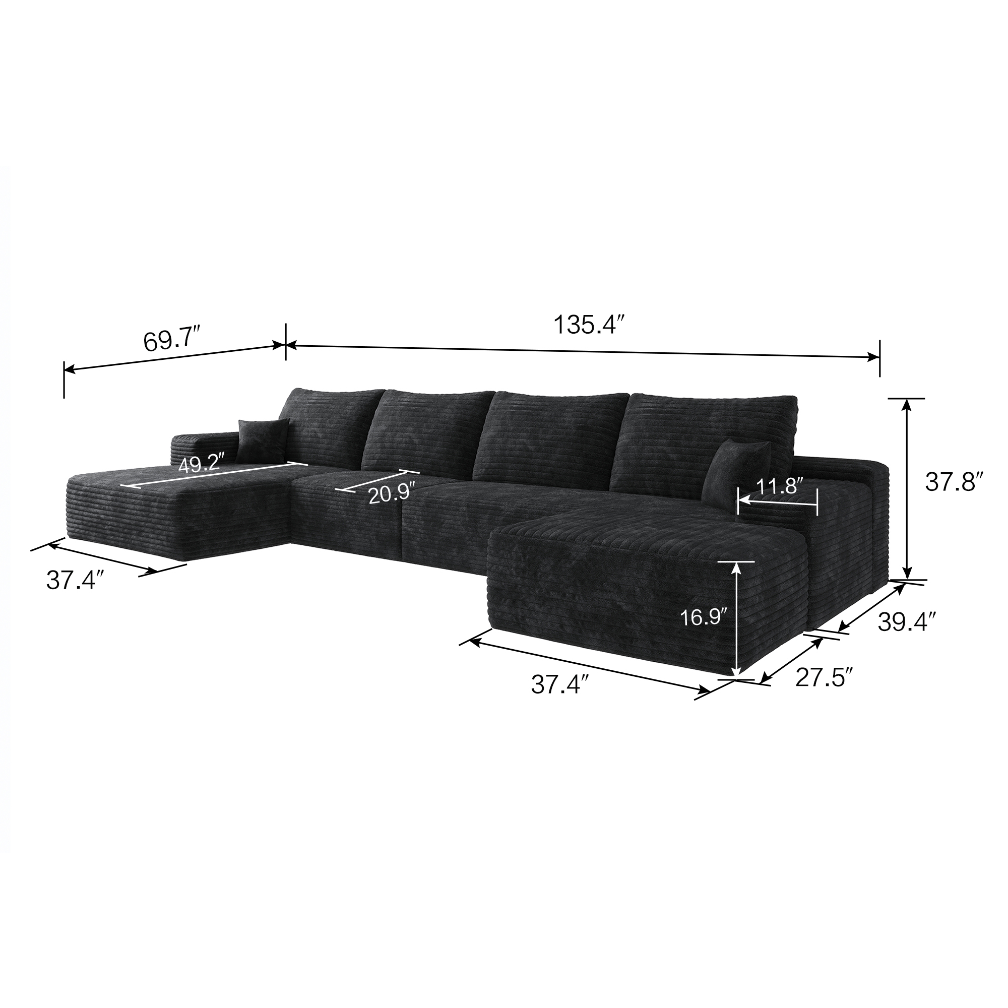 135" Cloud Sectional Sofa with 1 Ottoman,Modern Minimalist Upholstered Couches, Comfort U Shaped Sofa for Living Room,Deep Seat Corner Couch,No Assembly Required,Black (Plush Corduroy Fabric) - Image 6