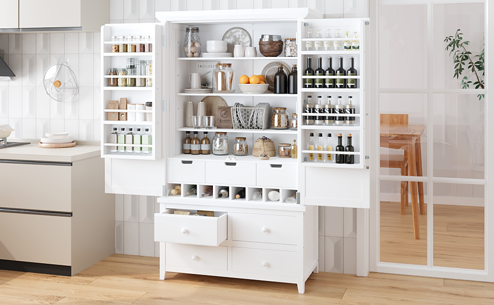 [Assembly&Show Video Available] TOPMAX Freestanding Large Kitchen Pantry Wooden Kitchen Storage Cabinet Cupboard with 8 Door Shelves,3 Adjustable Shelves,7 Drawers& 8 Wine Racks, White - Image 2