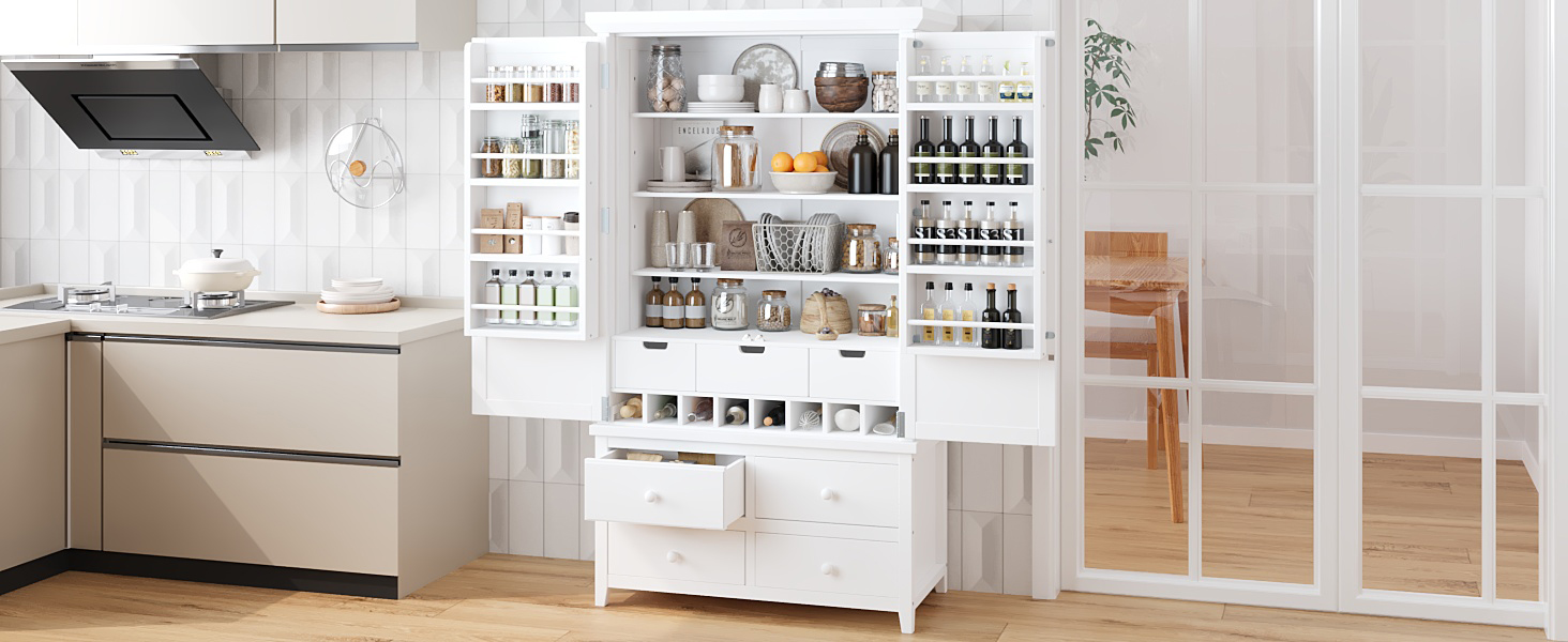 [Assembly&Show Video Available] TOPMAX Freestanding Large Kitchen Pantry Wooden Kitchen Storage Cabinet Cupboard with 8 Door Shelves,3 Adjustable Shelves,7 Drawers& 8 Wine Racks, White - Image 3