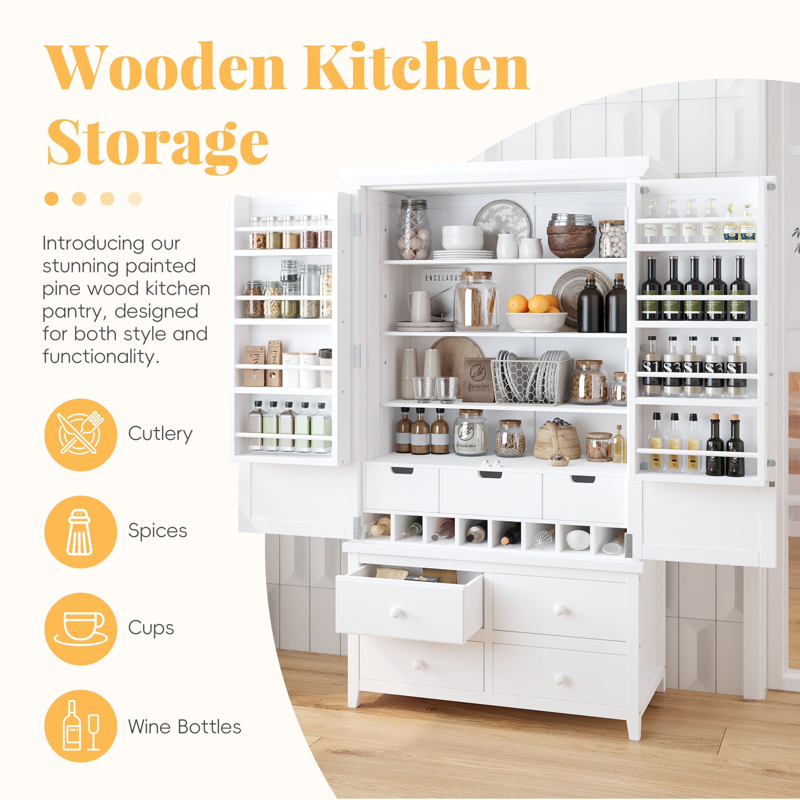 [Assembly&Show Video Available] TOPMAX Freestanding Large Kitchen Pantry Wooden Kitchen Storage Cabinet Cupboard with 8 Door Shelves,3 Adjustable Shelves,7 Drawers& 8 Wine Racks, White - Image 4