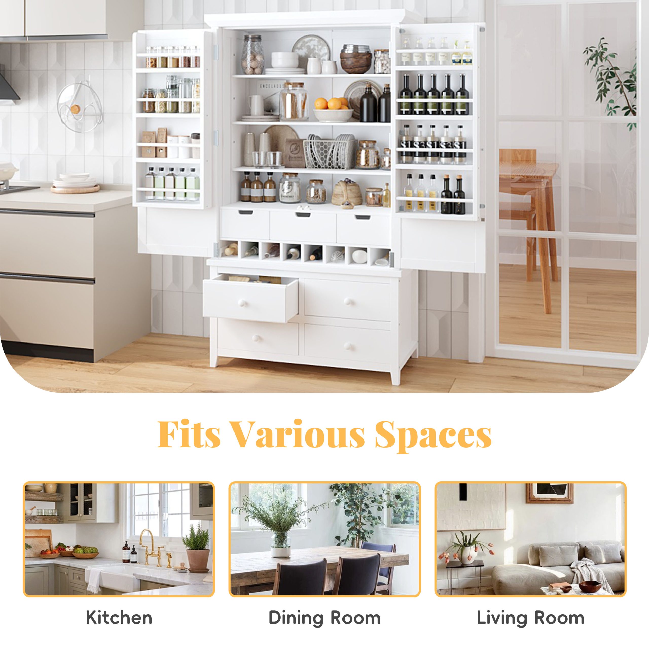 [Assembly&Show Video Available] TOPMAX Freestanding Large Kitchen Pantry Wooden Kitchen Storage Cabinet Cupboard with 8 Door Shelves,3 Adjustable Shelves,7 Drawers& 8 Wine Racks, White - Image 5