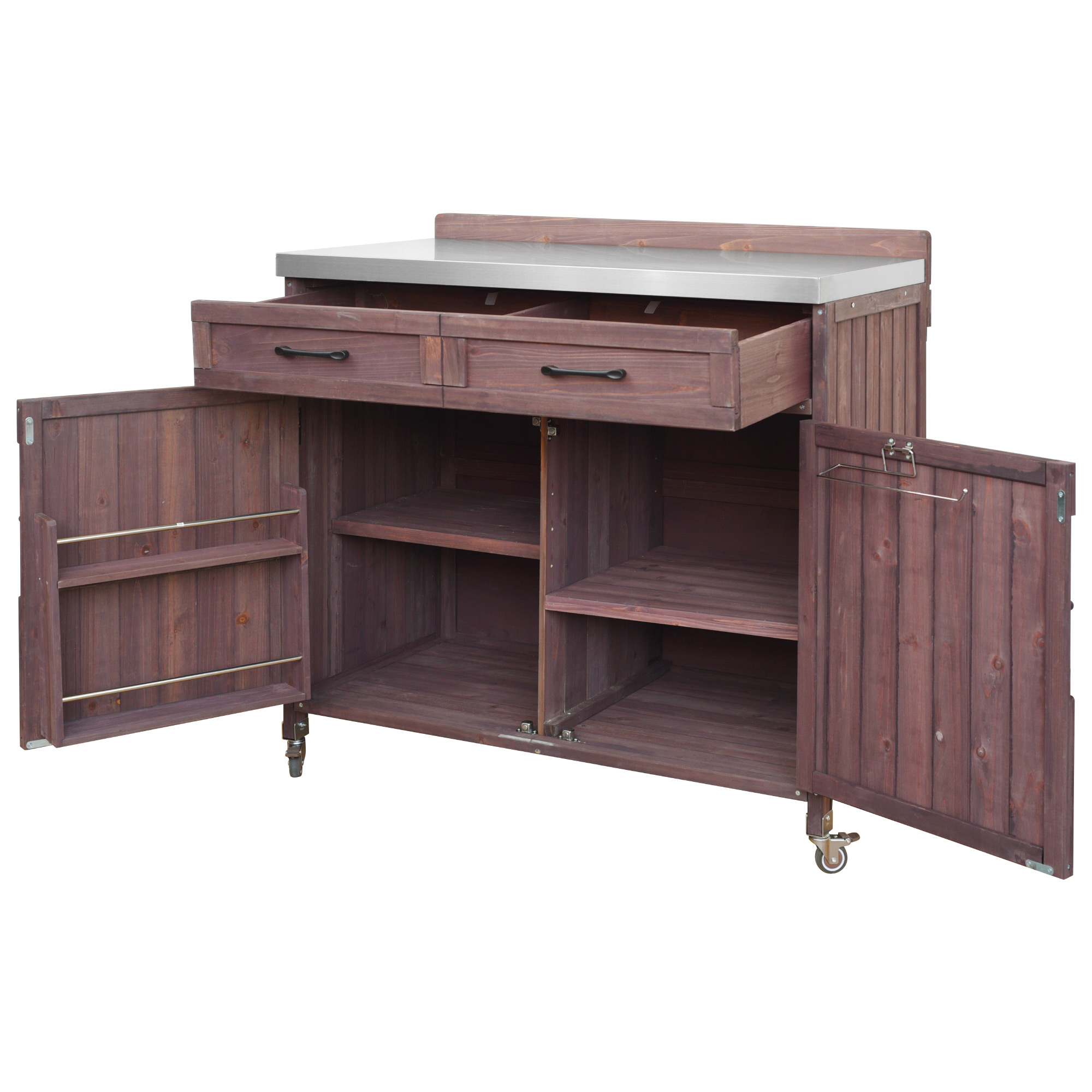 K&K Outdoor Kitchen Island Series - 2 Piece Modular Solid Wood Set, 304 Sink Stainless Steel Station w/ Faucet, Drawer, 2 Door Shelves, Outdoor Storage Cabinet w/ Wheels for Backyard, Patio, Dark Brow - Image 4