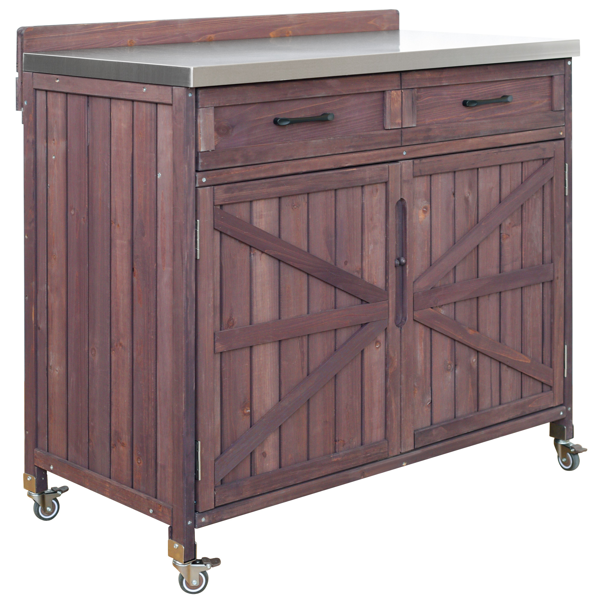 K&K Outdoor Kitchen Island Series - 2 Piece Modular Solid Wood Set, 304 Sink Stainless Steel Station w/ Faucet, Drawer, 2 Door Shelves, Outdoor Storage Cabinet w/ Wheels for Backyard, Patio, Dark Brow - Image 3
