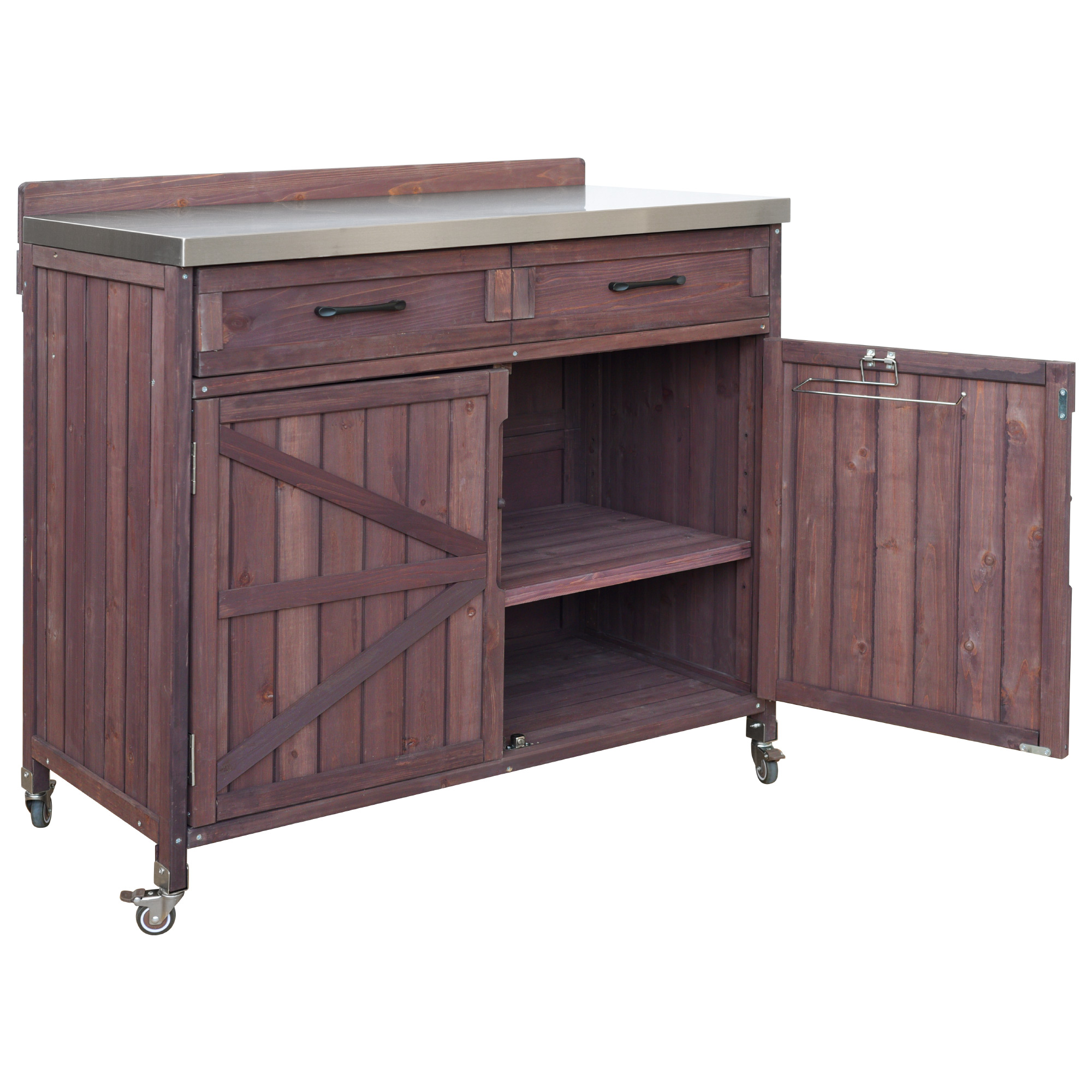 K&K Outdoor Kitchen Island Series - 2 Piece Modular Solid Wood Set, 304 Sink Stainless Steel Station w/ Faucet, Drawer, 2 Door Shelves, Outdoor Storage Cabinet w/ Wheels for Backyard, Patio, Dark Brow - Image 5