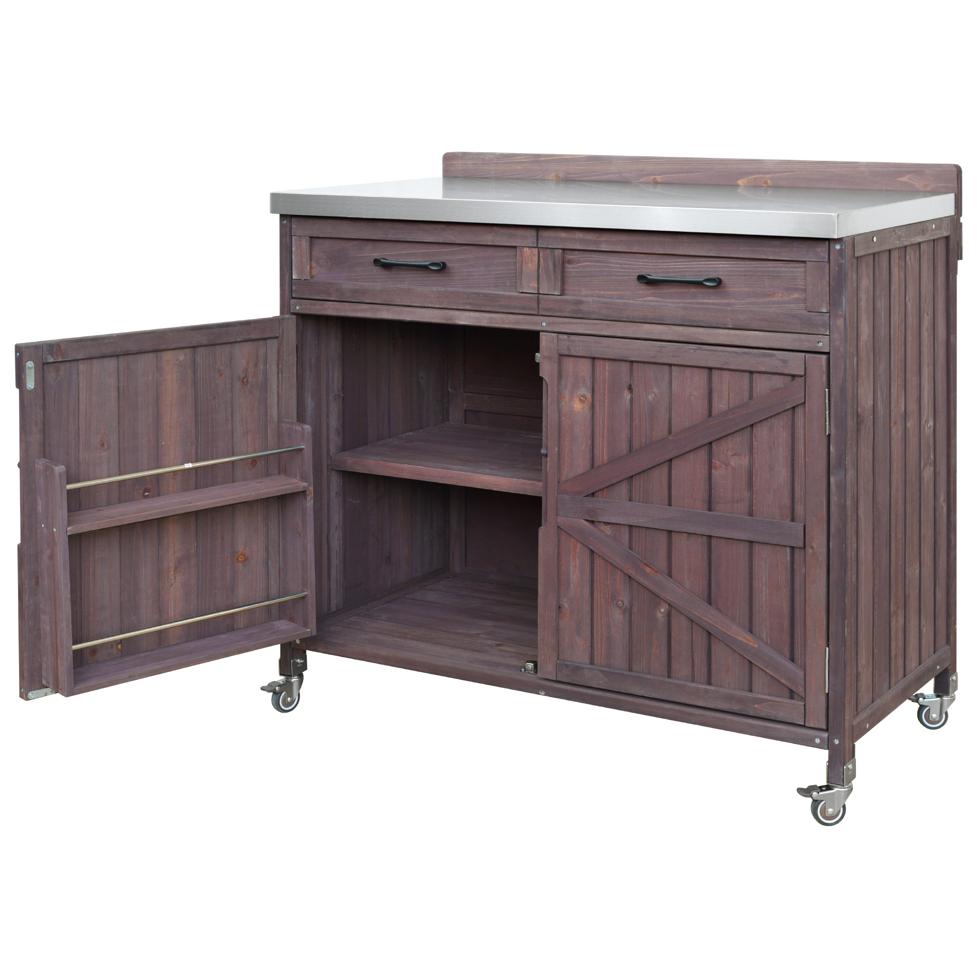 K&K Outdoor Kitchen Island Series - 2 Piece Modular Solid Wood Set, 304 Sink Stainless Steel Station w/ Faucet, Drawer, 2 Door Shelves, Outdoor Storage Cabinet w/ Wheels for Backyard, Patio, Dark Brow - Image 6