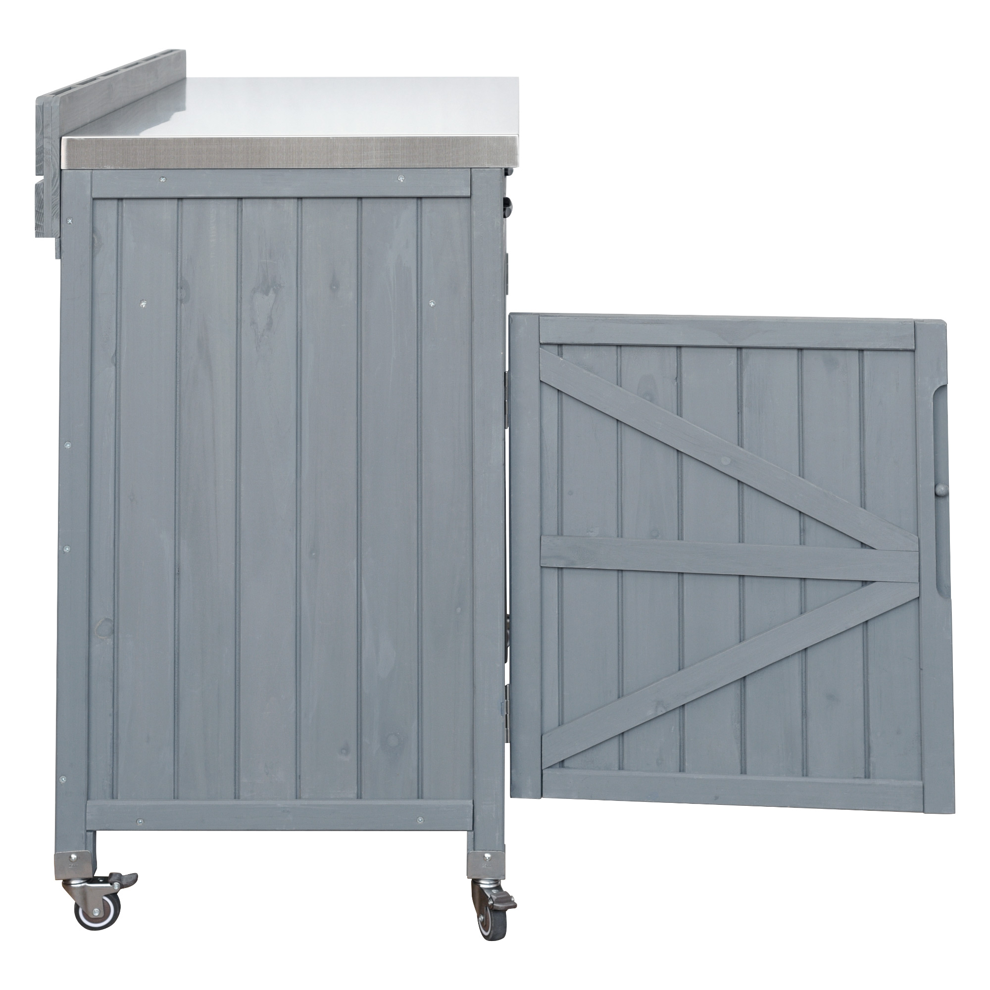 K&K Outdoor Kitchen Island Series - 2 Piece Modular Solid Wood Set, 304 Sink Stainless Steel Station w/ Faucet, Drawer, 2 Door Shelves, Outdoor Storage Cabinet w/ Wheels for Backyard, Patio, Grey Blue - Image 2