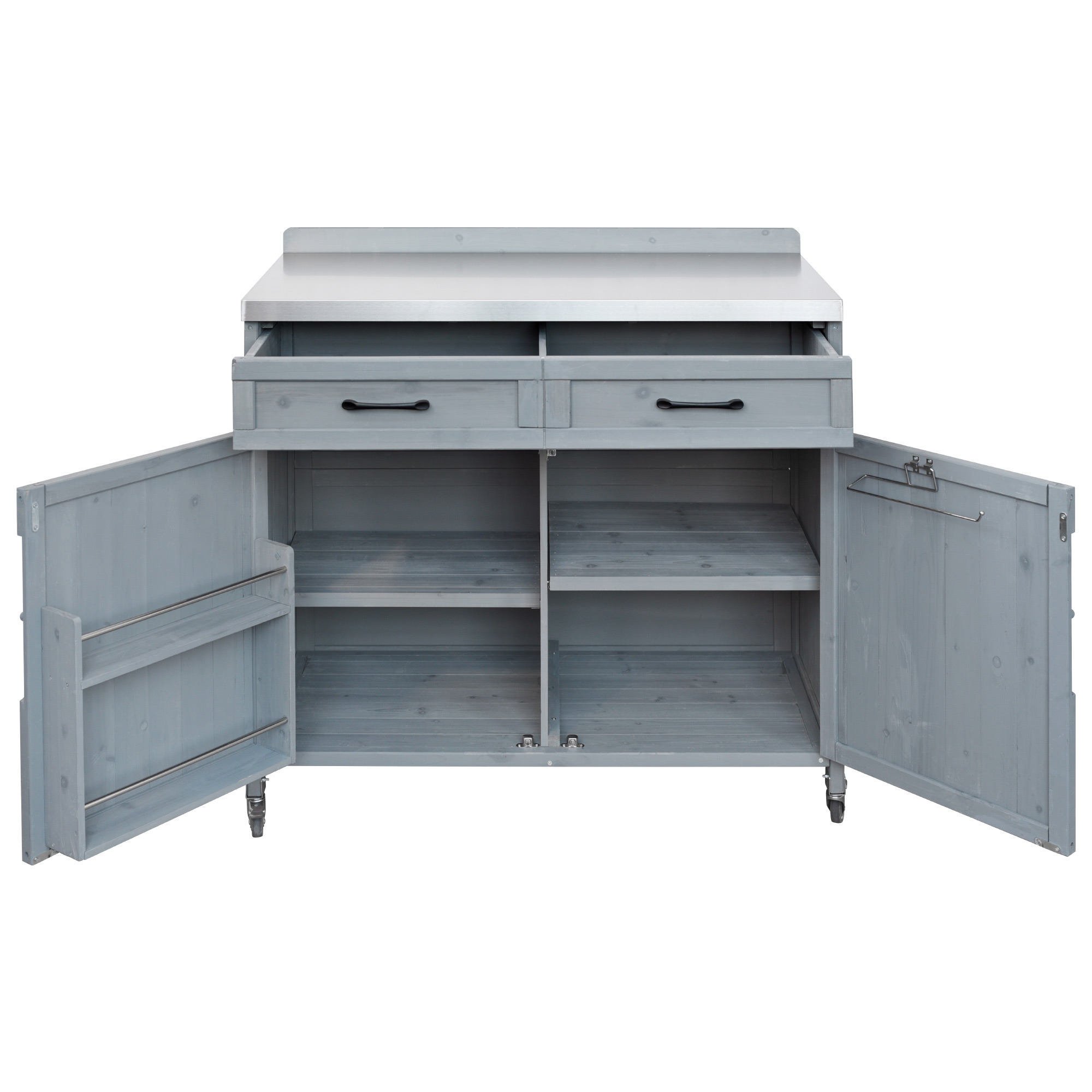 K&K Outdoor Kitchen Island Series - 2 Piece Modular Solid Wood Set, 304 Sink Stainless Steel Station w/ Faucet, Drawer, 2 Door Shelves, Outdoor Storage Cabinet w/ Wheels for Backyard, Patio, Grey Blue - Image 4