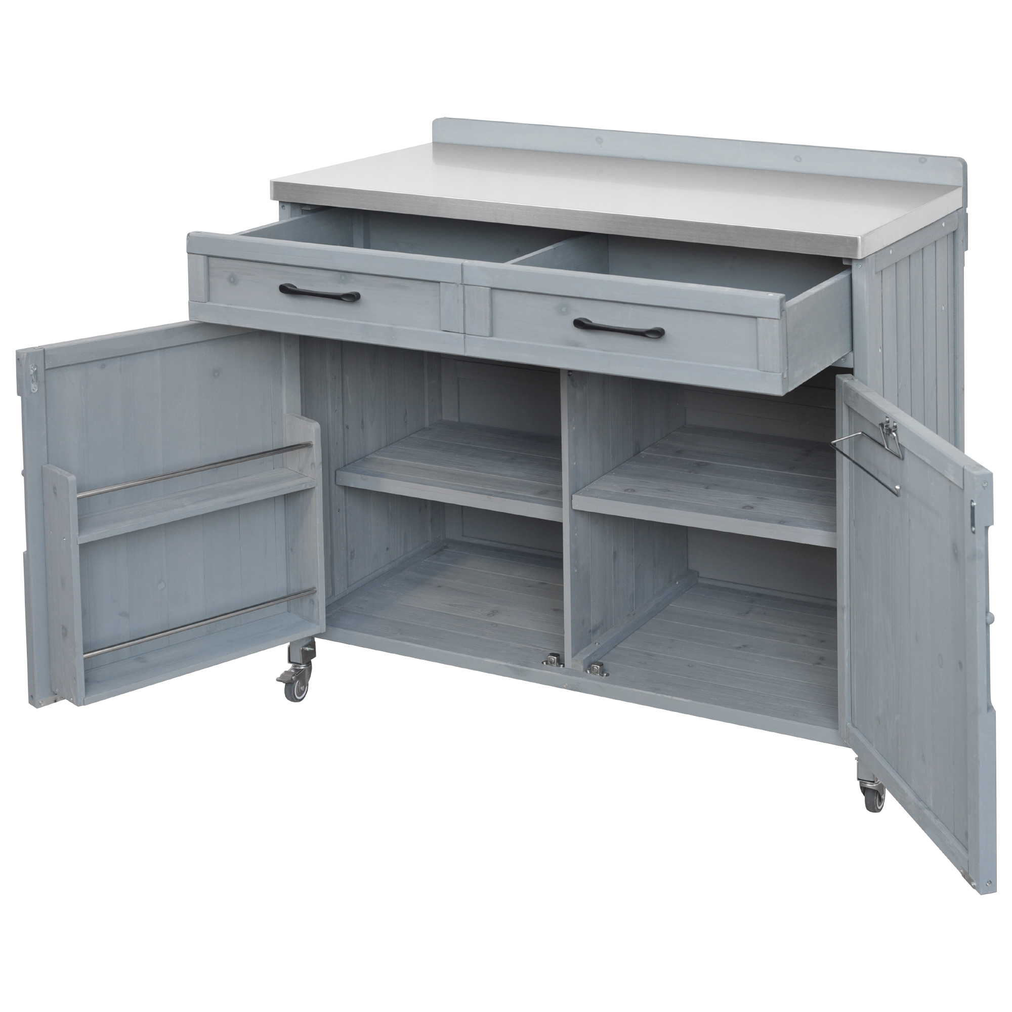 K&K Outdoor Kitchen Island Series - 2 Piece Modular Solid Wood Set, 304 Sink Stainless Steel Station w/ Faucet, Drawer, 2 Door Shelves, Outdoor Storage Cabinet w/ Wheels for Backyard, Patio, Grey Blue - Image 5