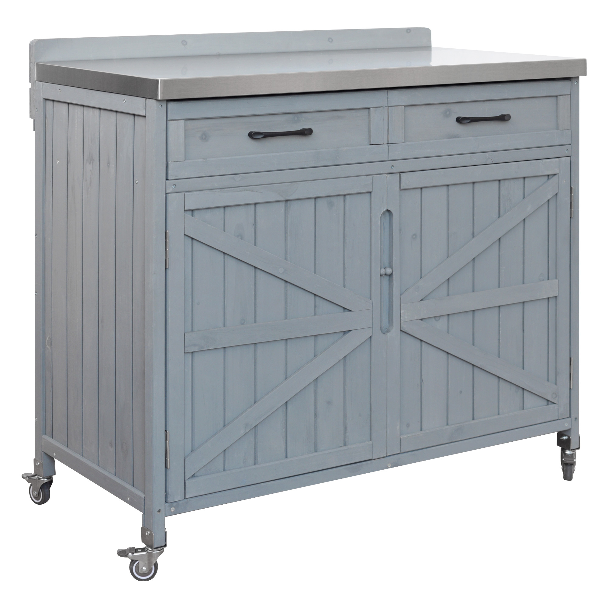 K&K Outdoor Kitchen Island Series - 2 Piece Modular Solid Wood Set, 304 Sink Stainless Steel Station w/ Faucet, Drawer, 2 Door Shelves, Outdoor Storage Cabinet w/ Wheels for Backyard, Patio, Grey Blue - Image 6