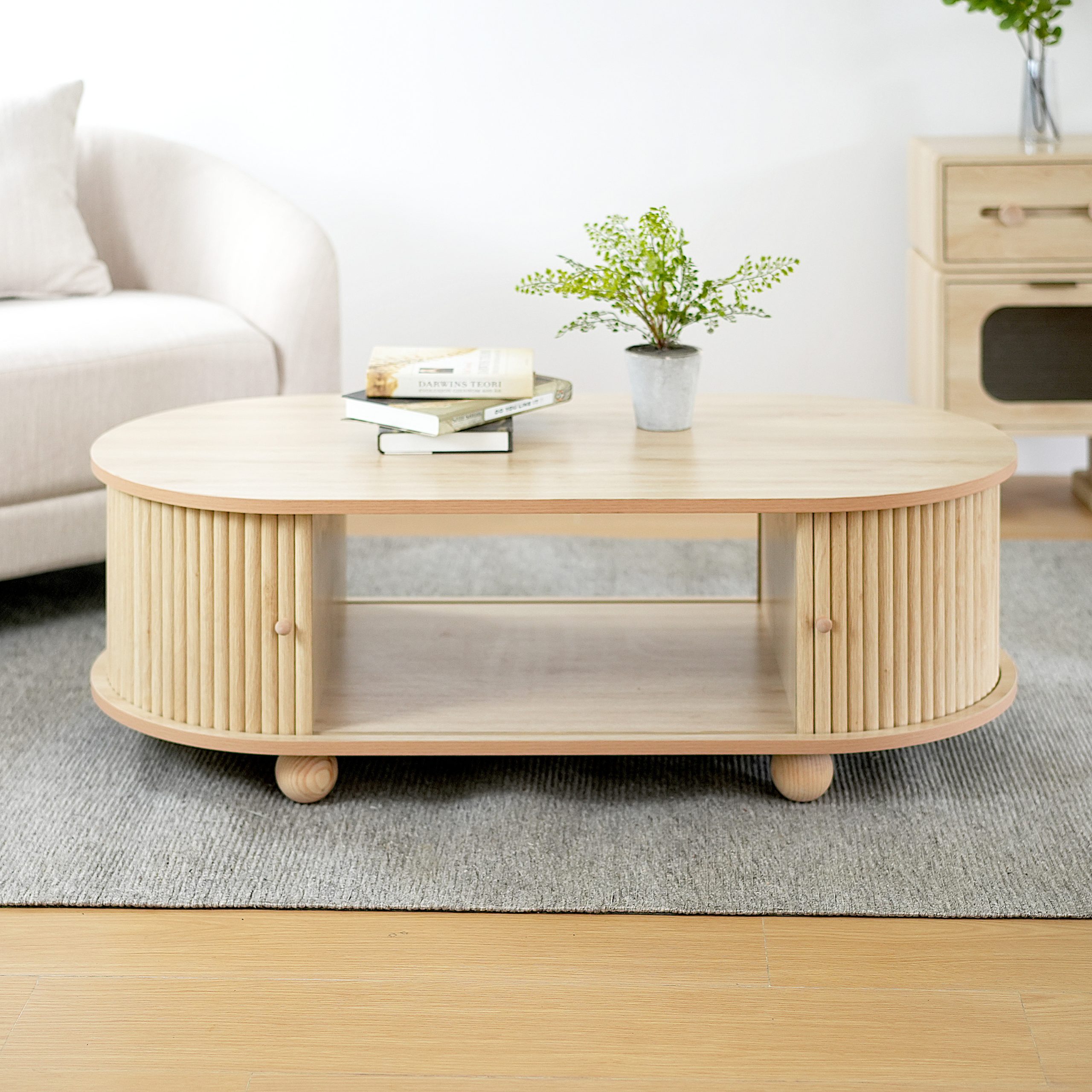 MDF ELEGANT LONG OVAL STORAGE SIDE TABLE WITH RETRO CHARM, NATURAL COLOR - Image 3