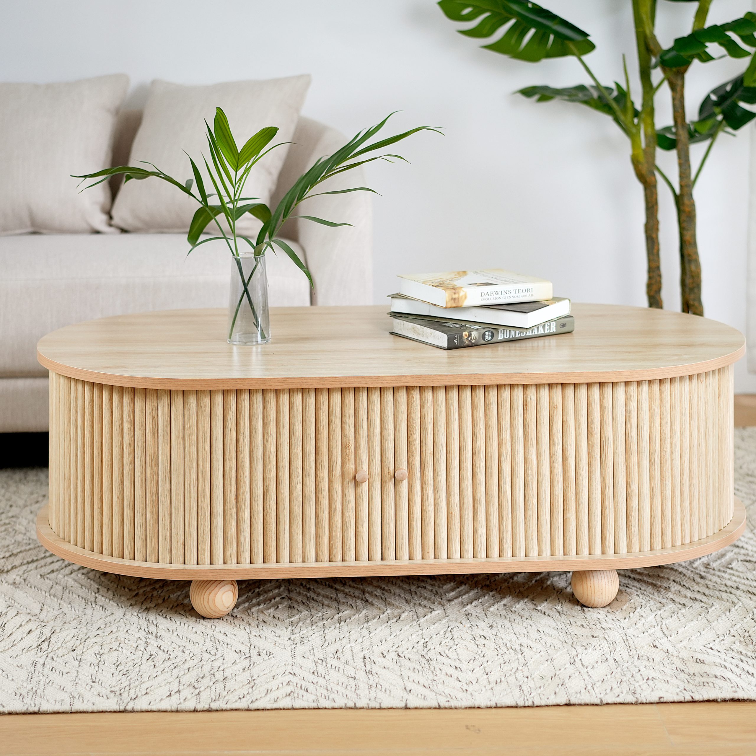 MDF ELEGANT LONG OVAL STORAGE SIDE TABLE WITH RETRO CHARM, NATURAL COLOR - Image 4