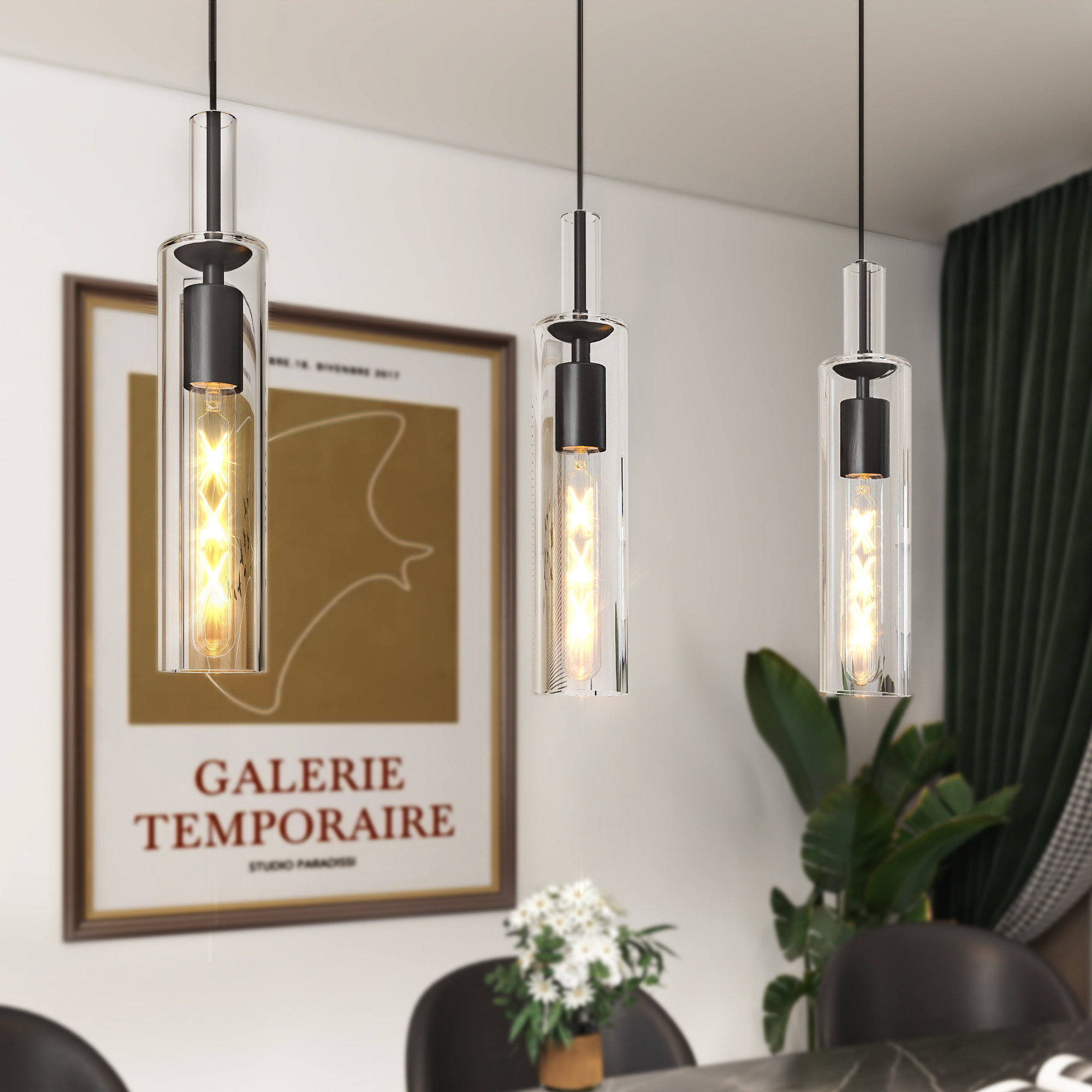 3 Pack Black Pendant Lights Kitchen Island (No Bulbs), Adjustable Modern Glass Pendant Light Over Island, Industrial Pendant Light Fixtures for Dining Room Hallway Bedroom Living Room - Image 2