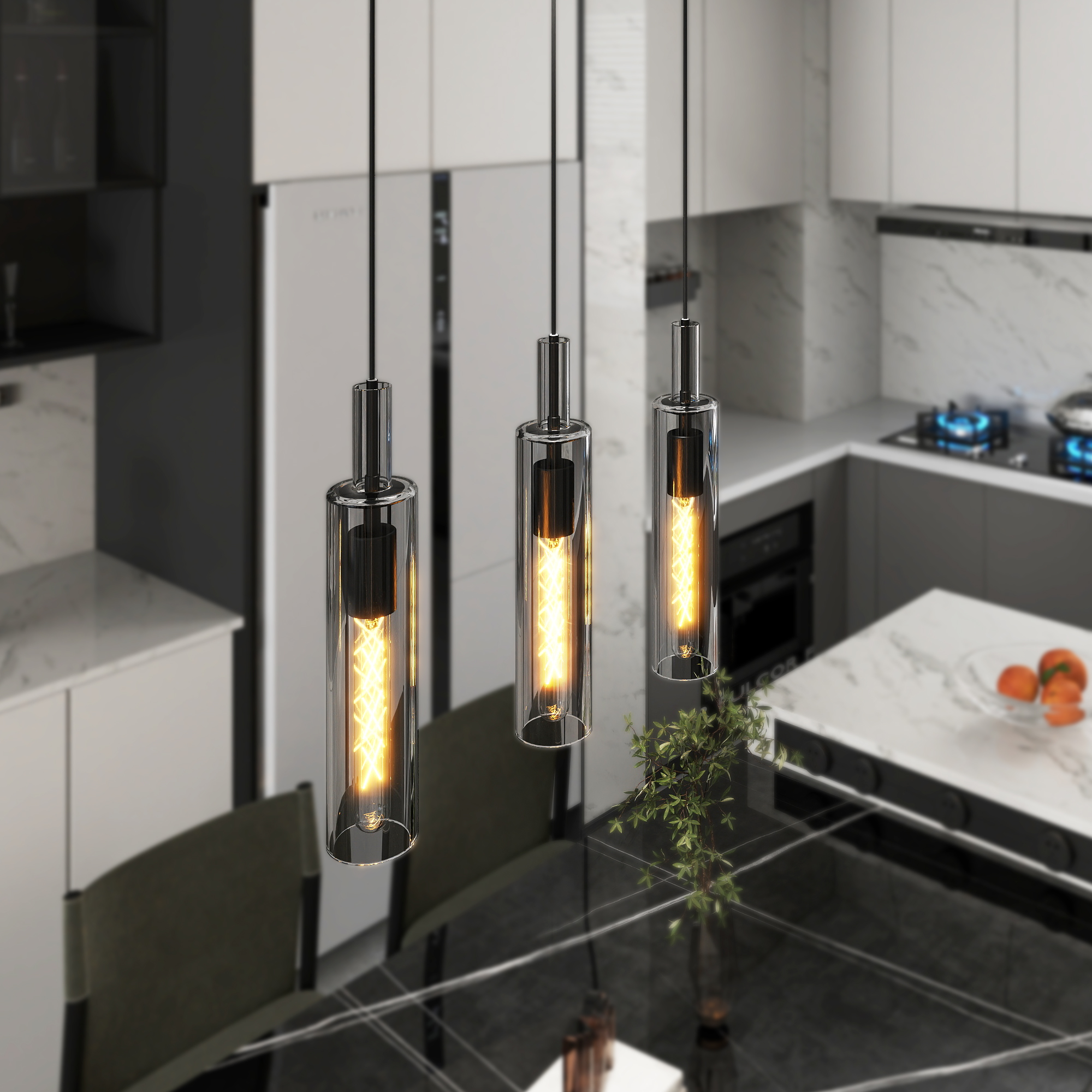 3 Pack Black Pendant Lights Kitchen Island (No Bulbs), Adjustable Modern Glass Pendant Light Over Island, Industrial Pendant Light Fixtures for Dining Room Hallway Bedroom Living Room - Image 3