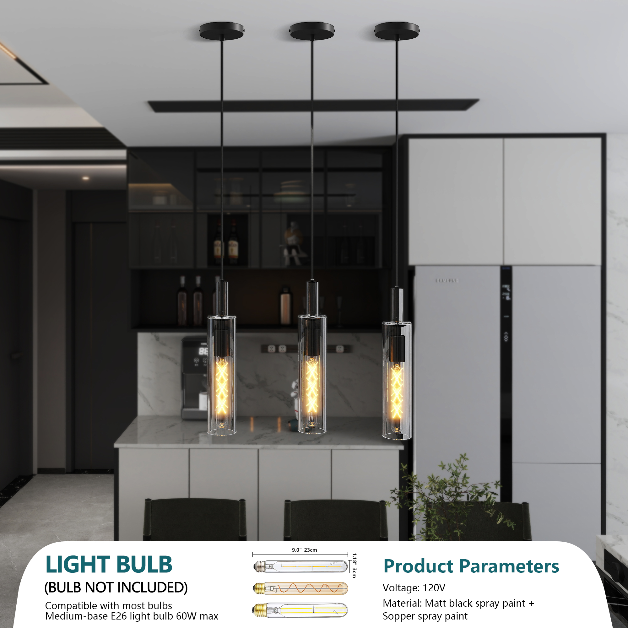 3 Pack Black Pendant Lights Kitchen Island (No Bulbs), Adjustable Modern Glass Pendant Light Over Island, Industrial Pendant Light Fixtures for Dining Room Hallway Bedroom Living Room - Image 4
