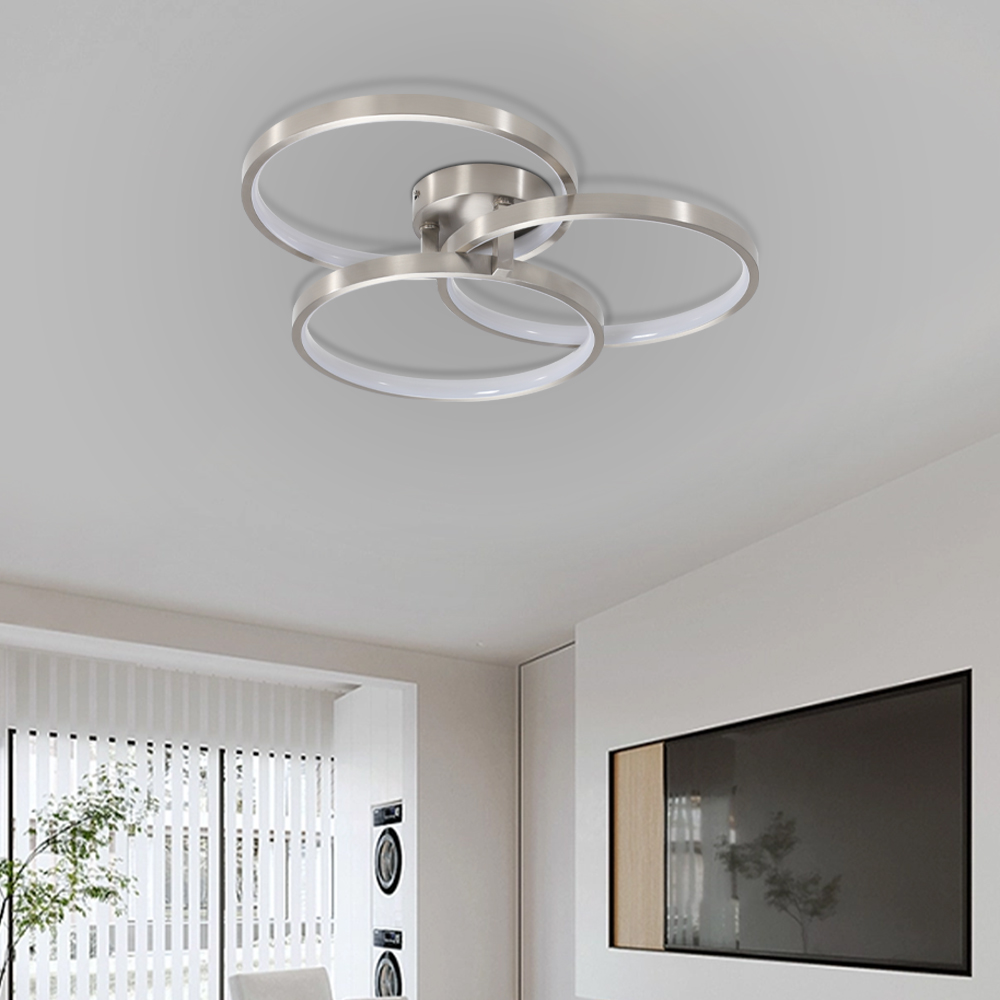 20" Modern LED Ceiling Light Fixture - Circular 3-Ring Design, Dimmable, Contemporary Brushed Nickel Finish for Living Room, Bedroom & Office - Image 2