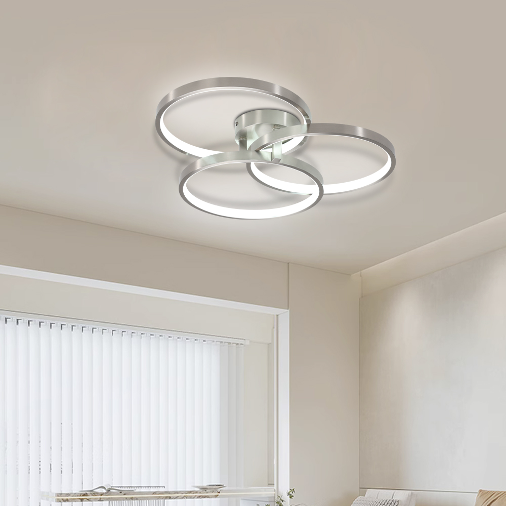 20" Modern LED Ceiling Light Fixture - Circular 3-Ring Design, Dimmable, Contemporary Brushed Nickel Finish for Living Room, Bedroom & Office - Image 3