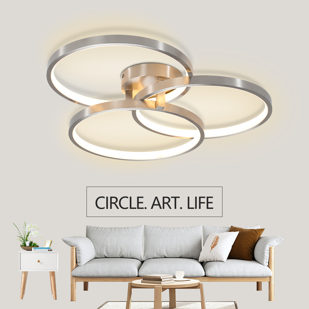 20" Modern LED Ceiling Light Fixture - Circular 3-Ring Design, Dimmable, Contemporary Brushed Nickel Finish for Living Room, Bedroom & Office - Image 4