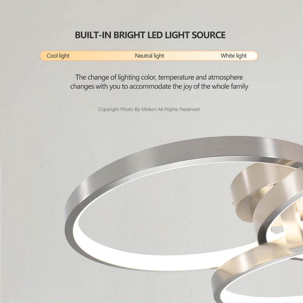 20" Modern LED Ceiling Light Fixture - Circular 3-Ring Design, Dimmable, Contemporary Brushed Nickel Finish for Living Room, Bedroom & Office - Image 5