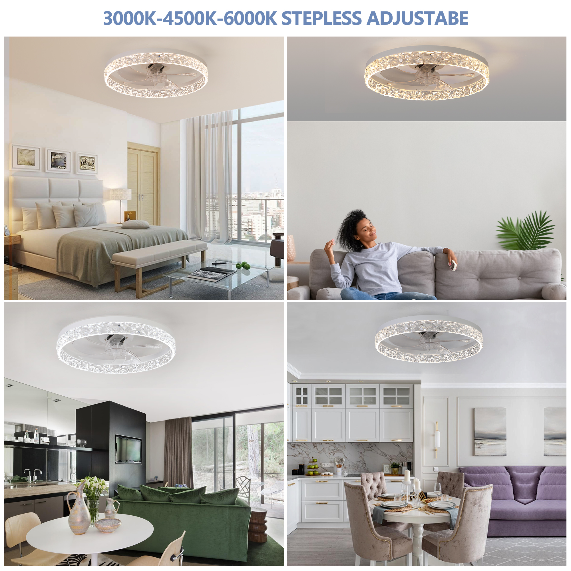 Modern Acrylic Ceiling Fan Light with Remote Control, Dimmable LED Chandelier, 6-Speed Adjustable, Quiet Motor, Flush Mount Design for Living Room, Bedroom, Dining Room - Image 3