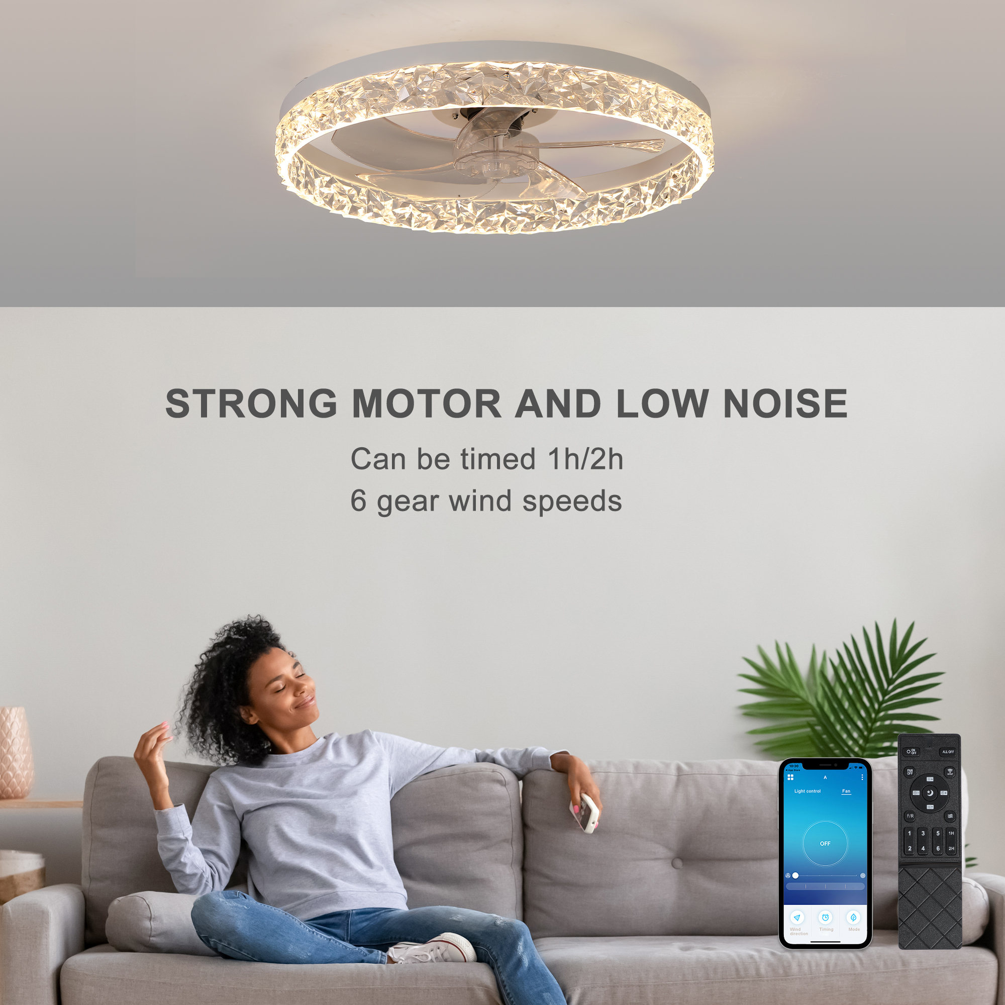 Modern Acrylic Ceiling Fan Light with Remote Control, Dimmable LED Chandelier, 6-Speed Adjustable, Quiet Motor, Flush Mount Design for Living Room, Bedroom, Dining Room - Image 4