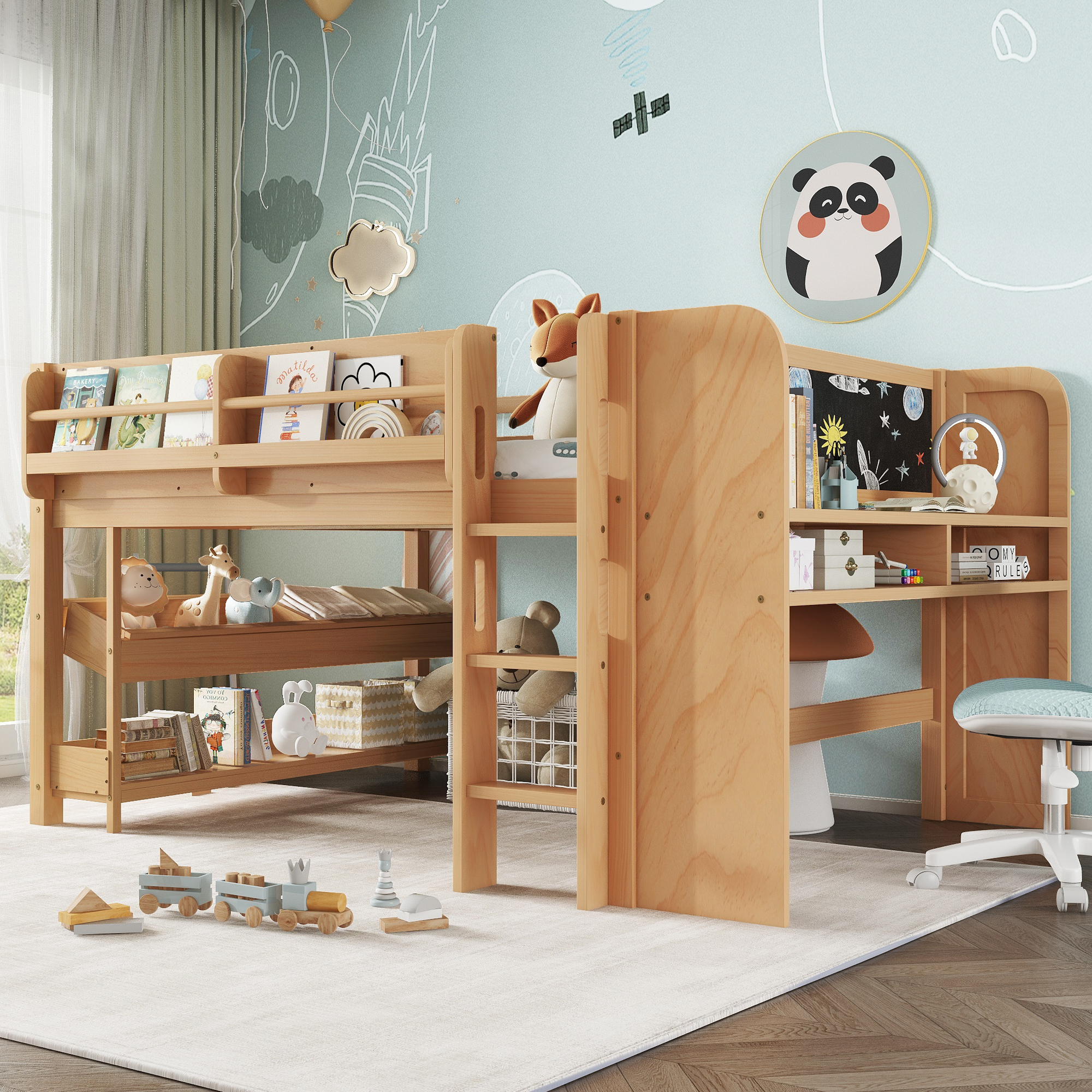 Full Loft Bed with Multi-storage Bookcases, Boxes and Drawers, Solid Wood Low Loft Beds with Desk and Blackboard, No Box Spring Needed, Natural