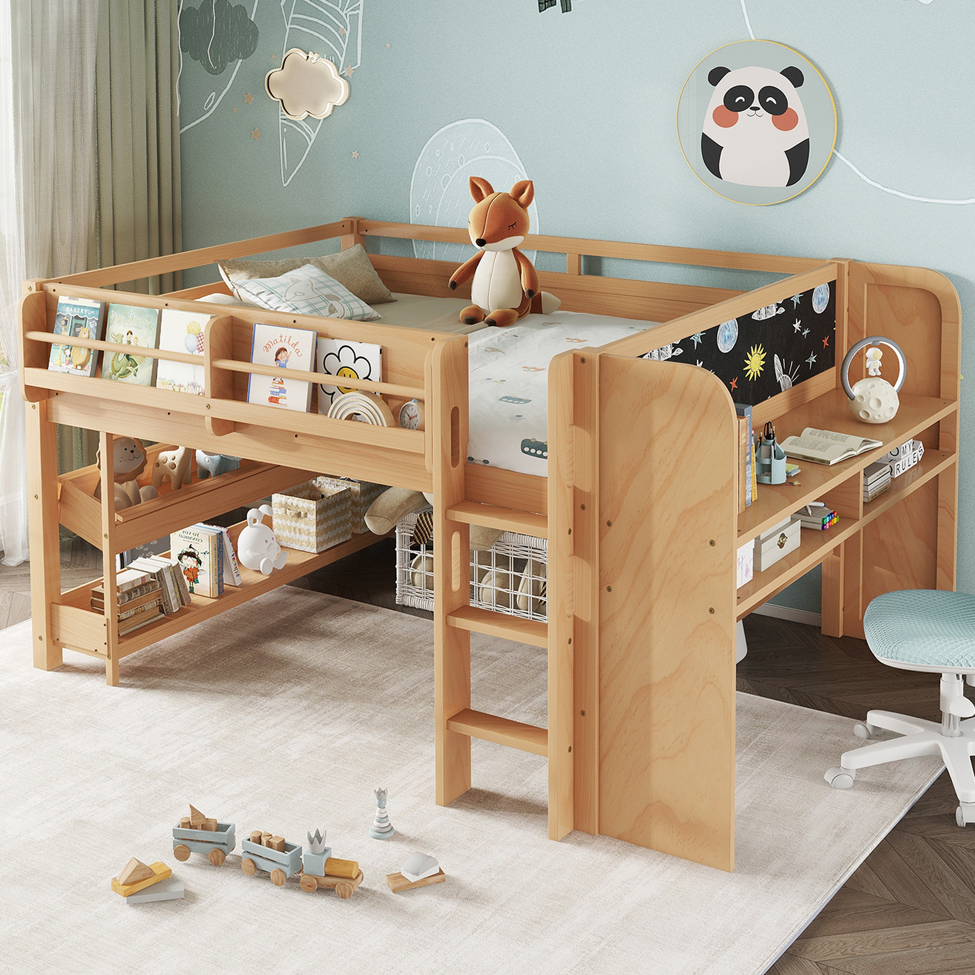 Full Loft Bed with Multi-storage Bookcases, Boxes and Drawers, Solid Wood Low Loft Beds with Desk and Blackboard, No Box Spring Needed, Natural - Image 2