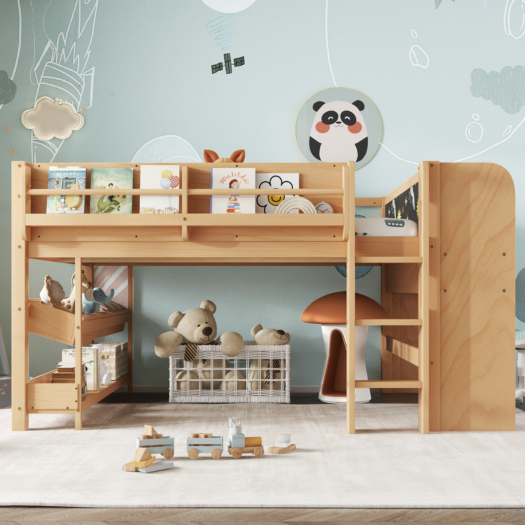 Full Loft Bed with Multi-storage Bookcases, Boxes and Drawers, Solid Wood Low Loft Beds with Desk and Blackboard, No Box Spring Needed, Natural - Image 3