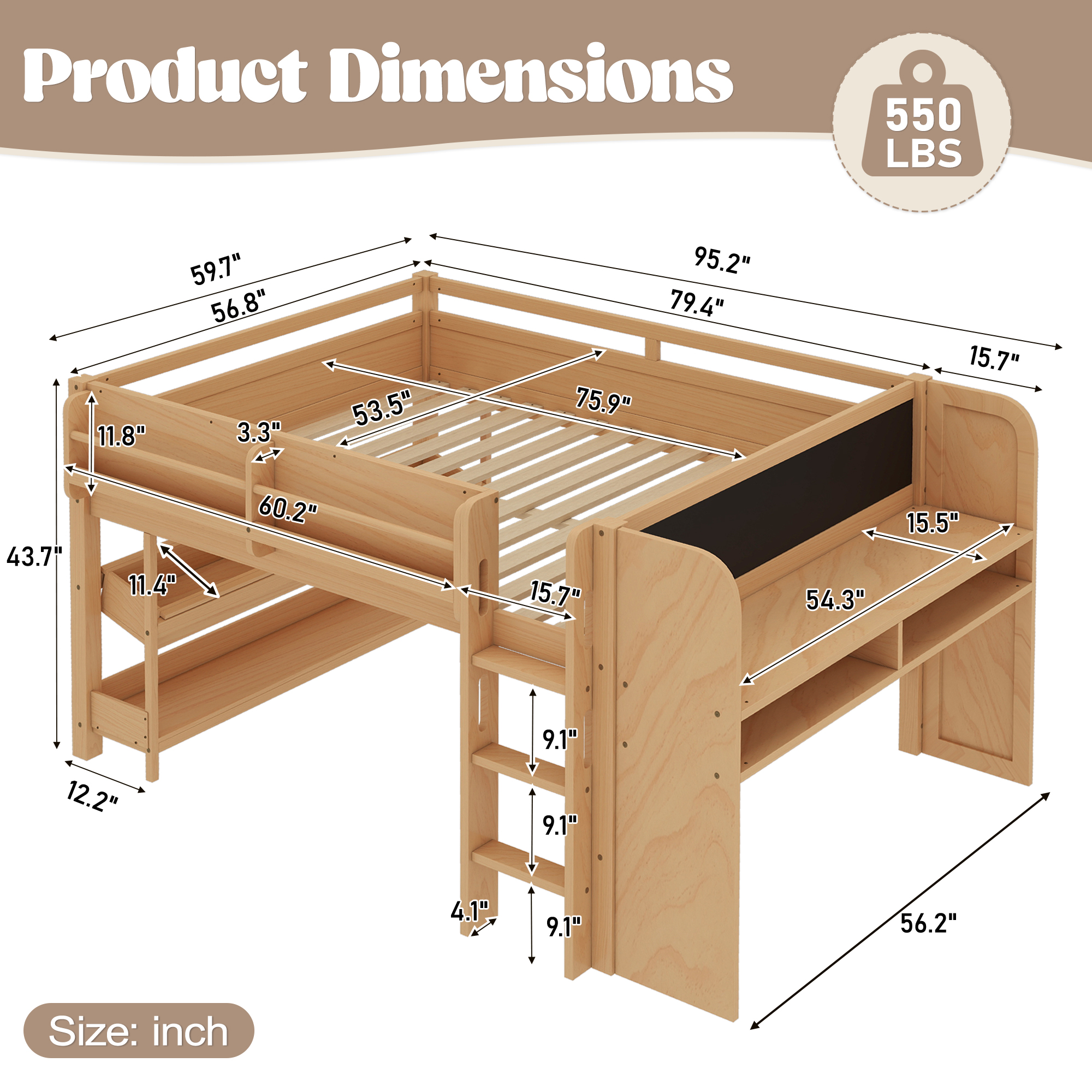 Full Loft Bed with Multi-storage Bookcases, Boxes and Drawers, Solid Wood Low Loft Beds with Desk and Blackboard, No Box Spring Needed, Natural - Image 4
