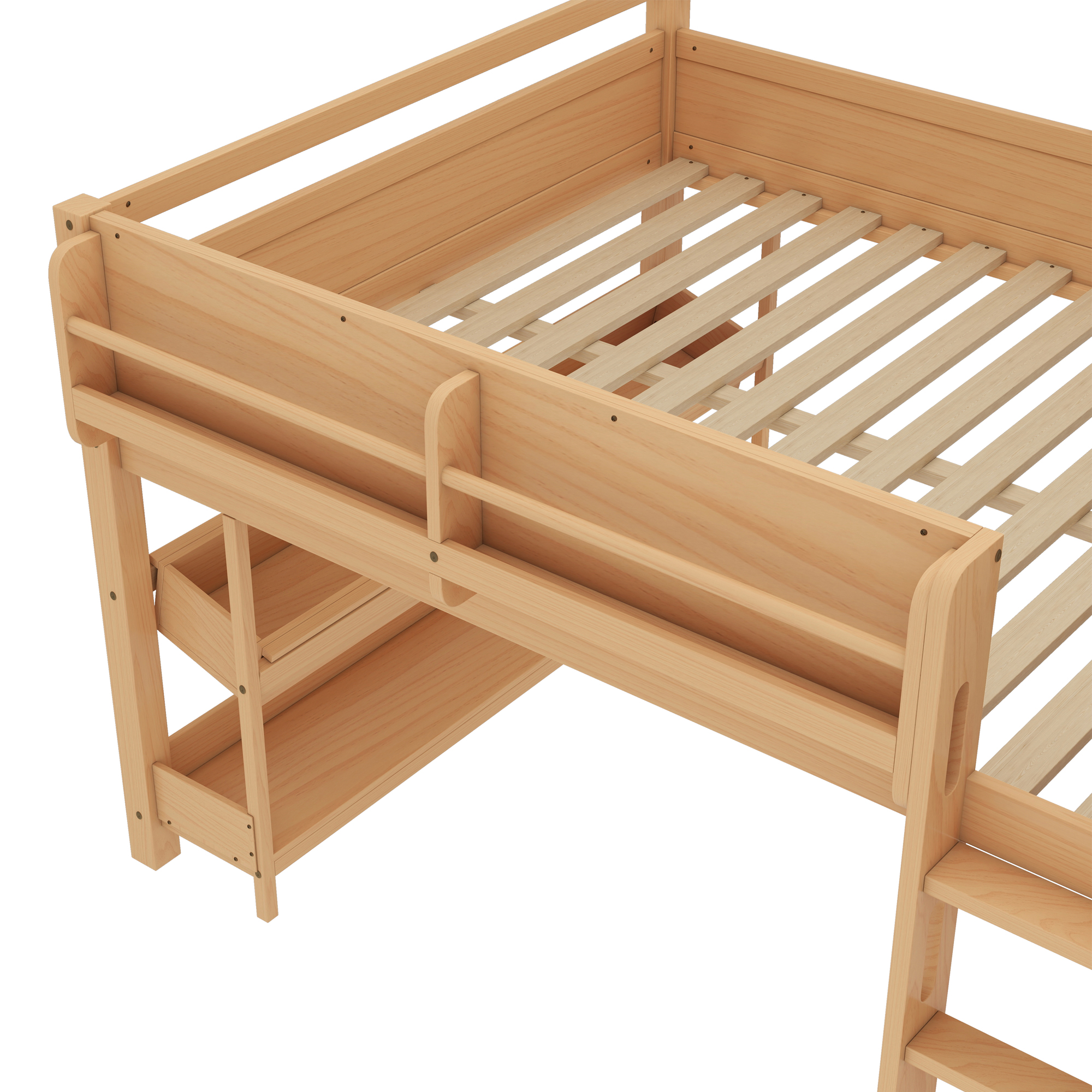 Full Loft Bed with Multi-storage Bookcases, Boxes and Drawers, Solid Wood Low Loft Beds with Desk and Blackboard, No Box Spring Needed, Natural - Image 6