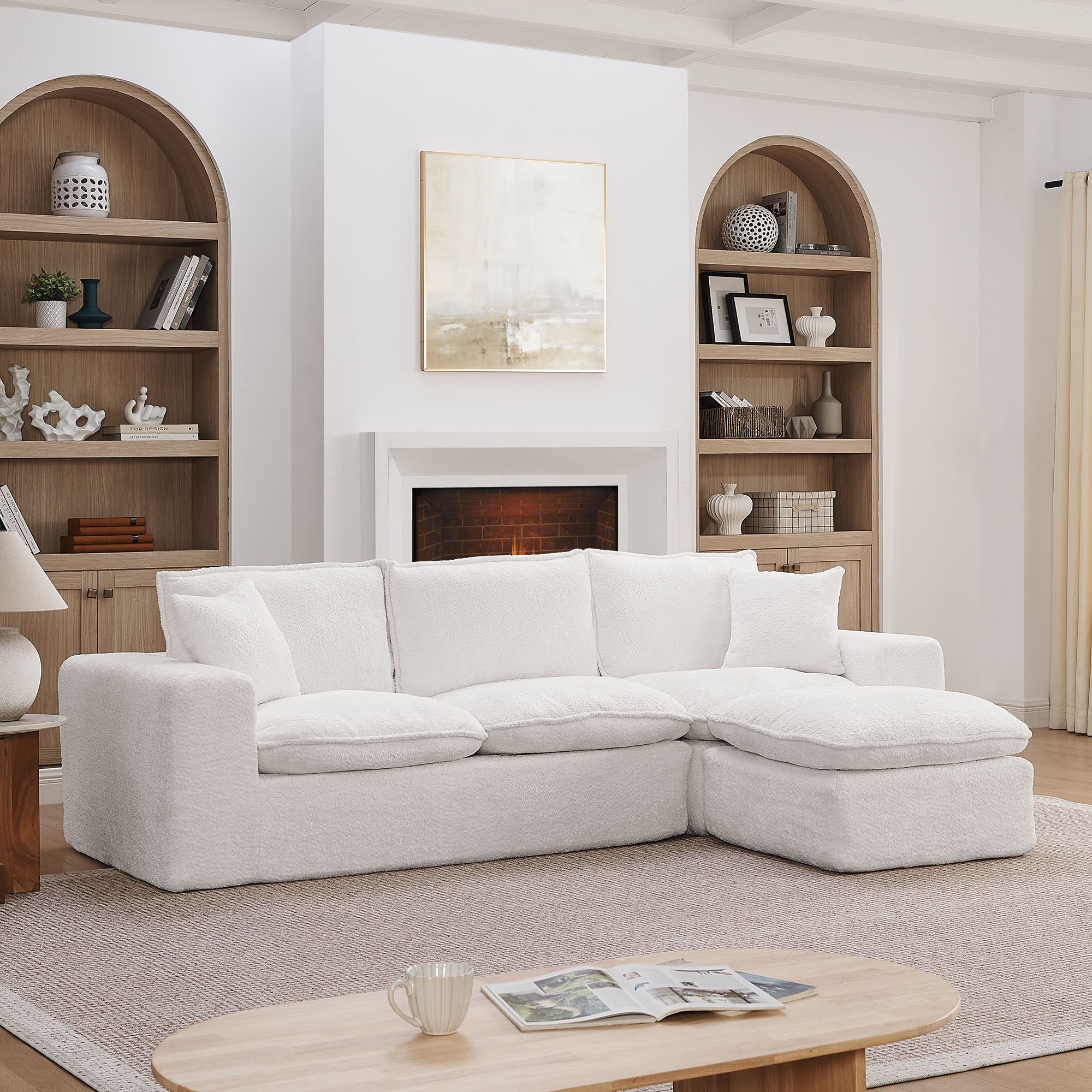 107'' Modern Boucle L-shaped Sectional Sofa with Moveable Ottoman for Living Room, Comfy Cloud Couch with Pillows, DIY Combination - Image 2