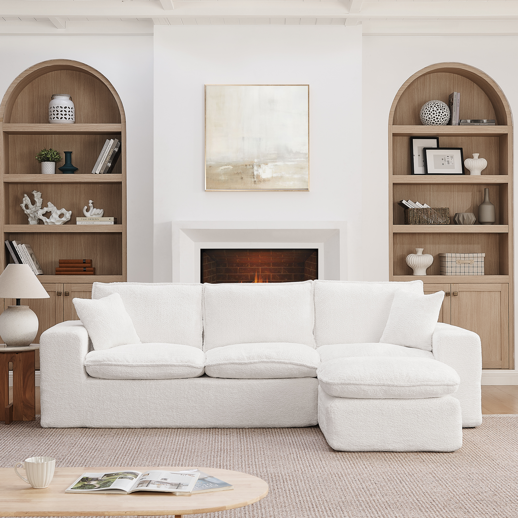 107'' Modern Boucle L-shaped Sectional Sofa with Moveable Ottoman for Living Room, Comfy Cloud Couch with Pillows, DIY Combination - Image 3