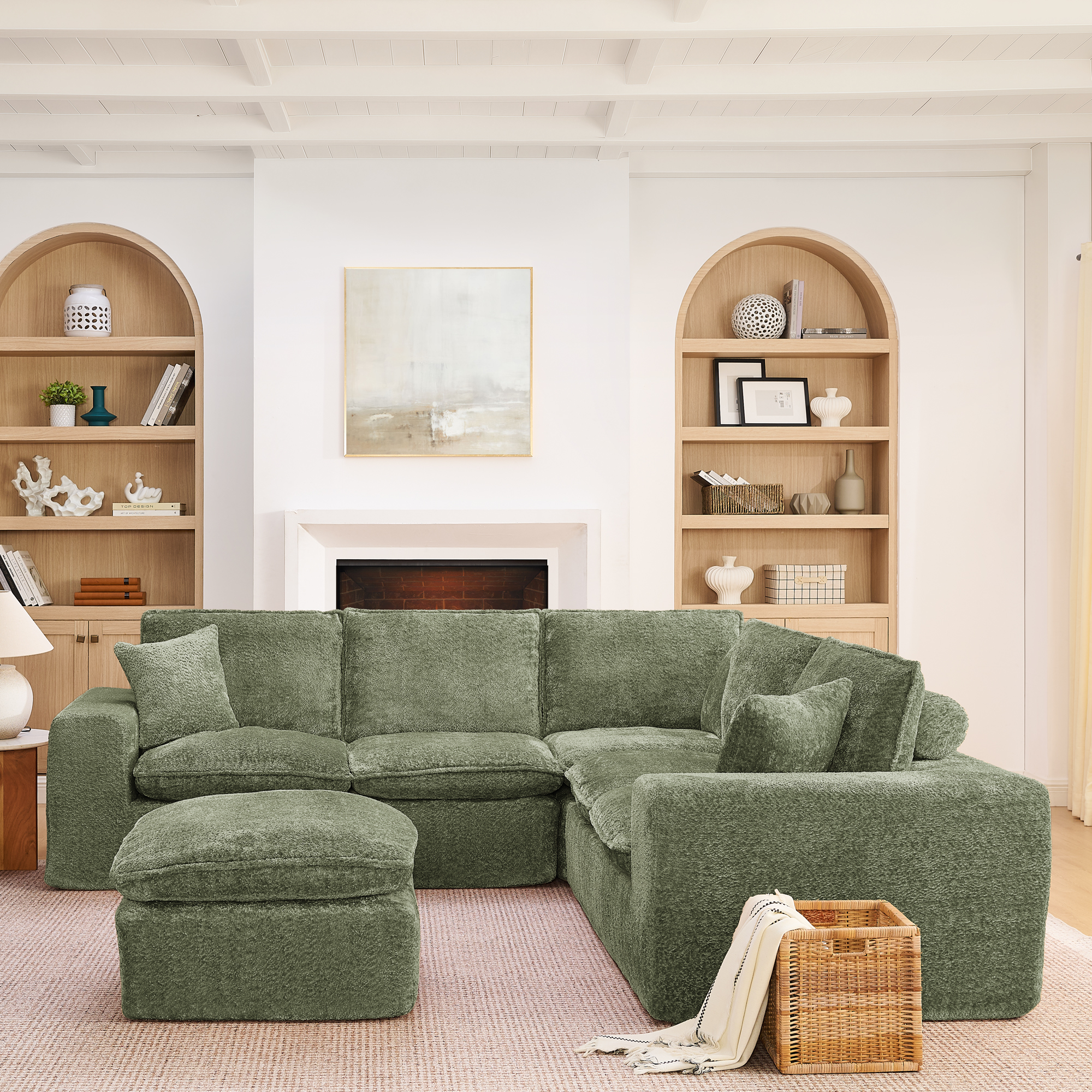 107'' Modern Boucle L-shaped Sectional Sofa with Moveable Ottoman for Living Room, Comfy Cloud Couch with Pillows, DIY Combination - Image 2