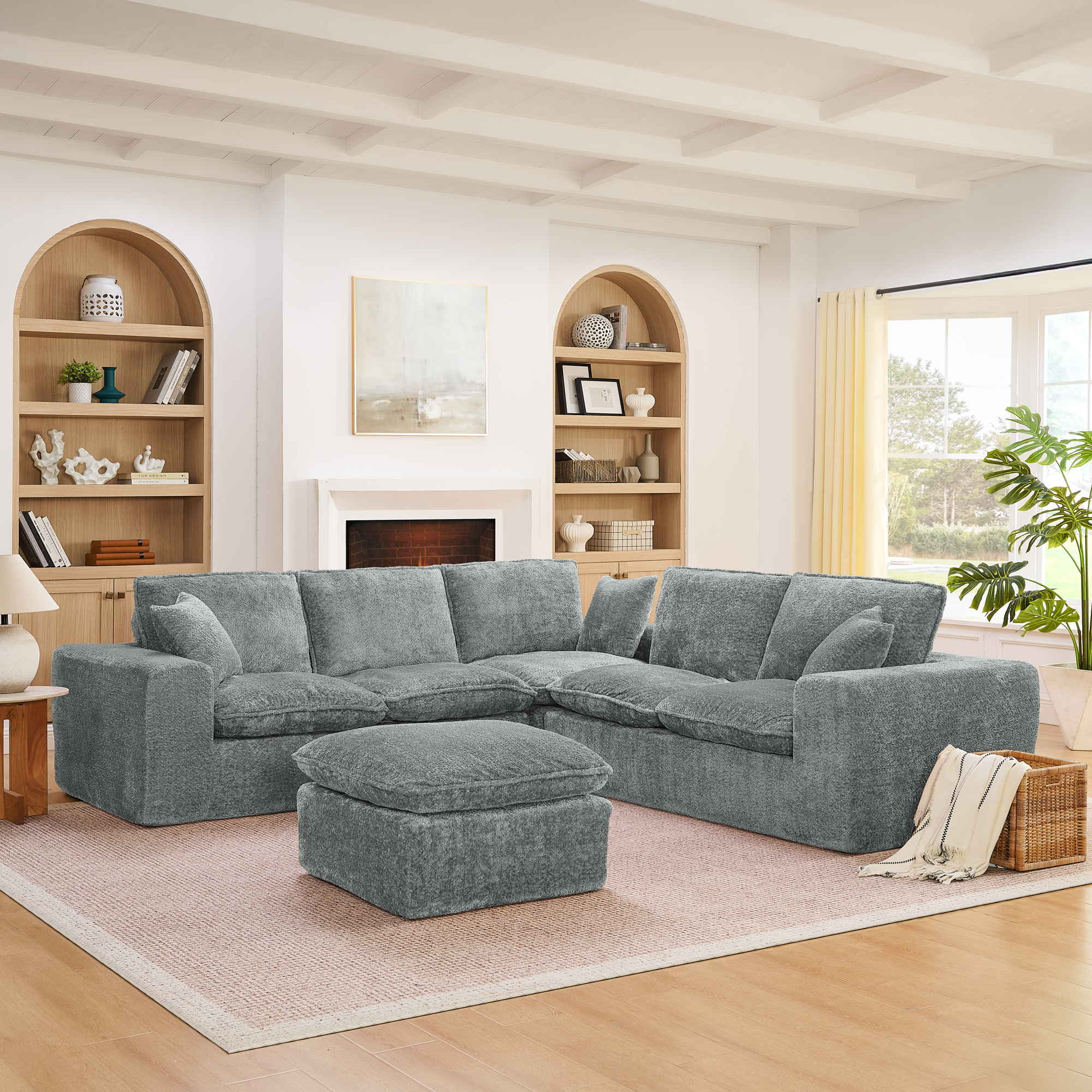 107'' Modern Boucle L-shaped Sectional Sofa with Moveable Ottoman for Living Room, Comfy Cloud Couch with Pillows, DIY Combination - Image 2