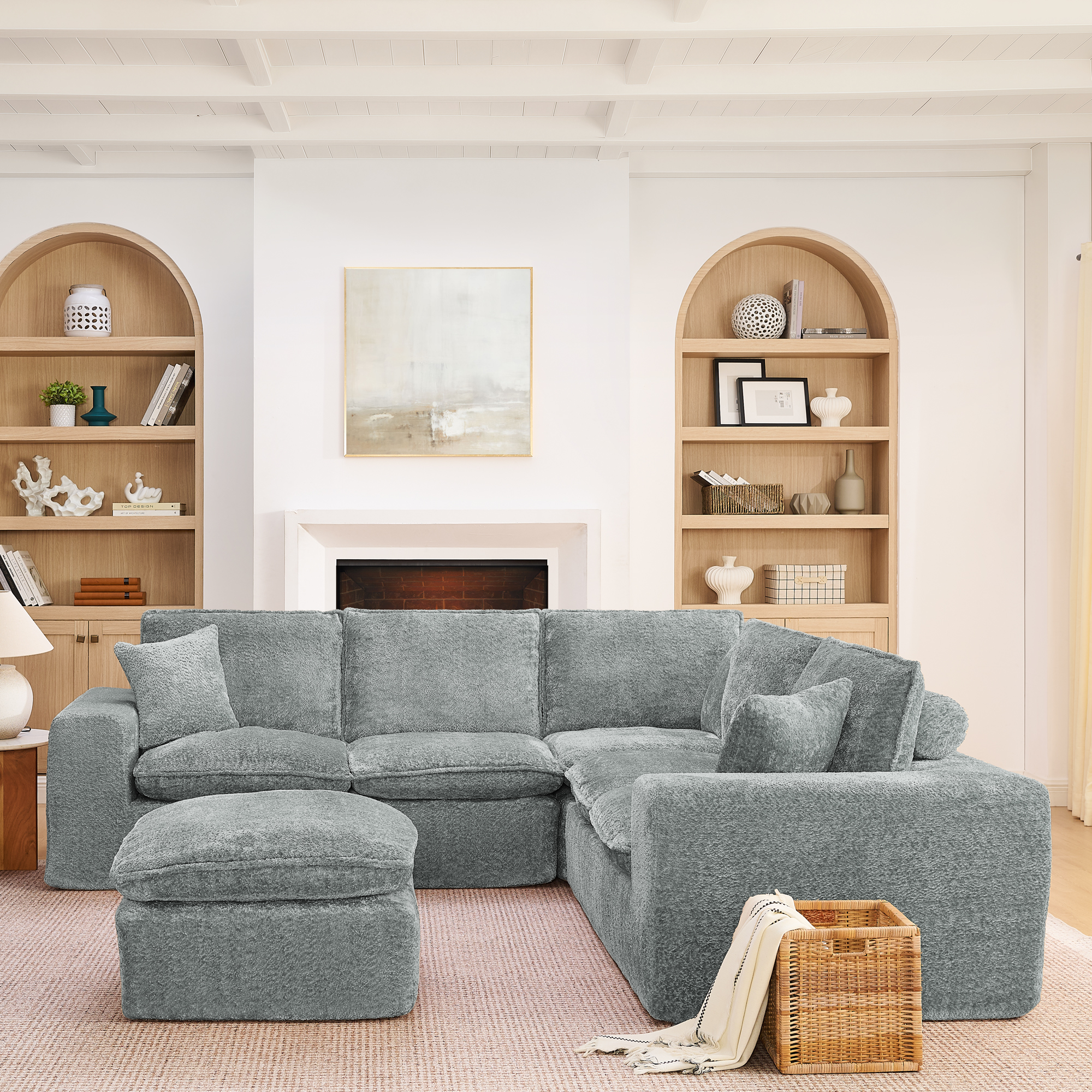 107'' Modern Boucle L-shaped Sectional Sofa with Moveable Ottoman for Living Room, Comfy Cloud Couch with Pillows, DIY Combination - Image 3
