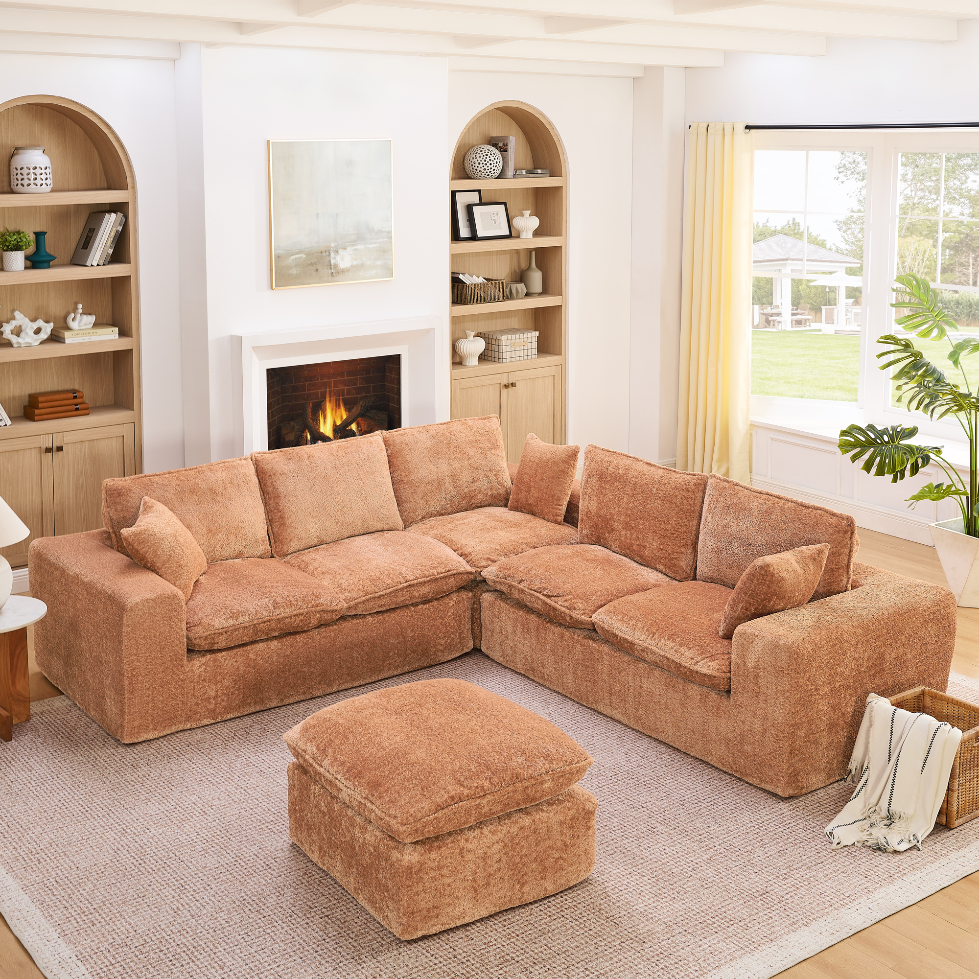 107'' Modern Boucle L-shaped Sectional Sofa with Moveable Ottoman for Living Room, Comfy Cloud Couch with Pillows, DIY Combination - Image 2