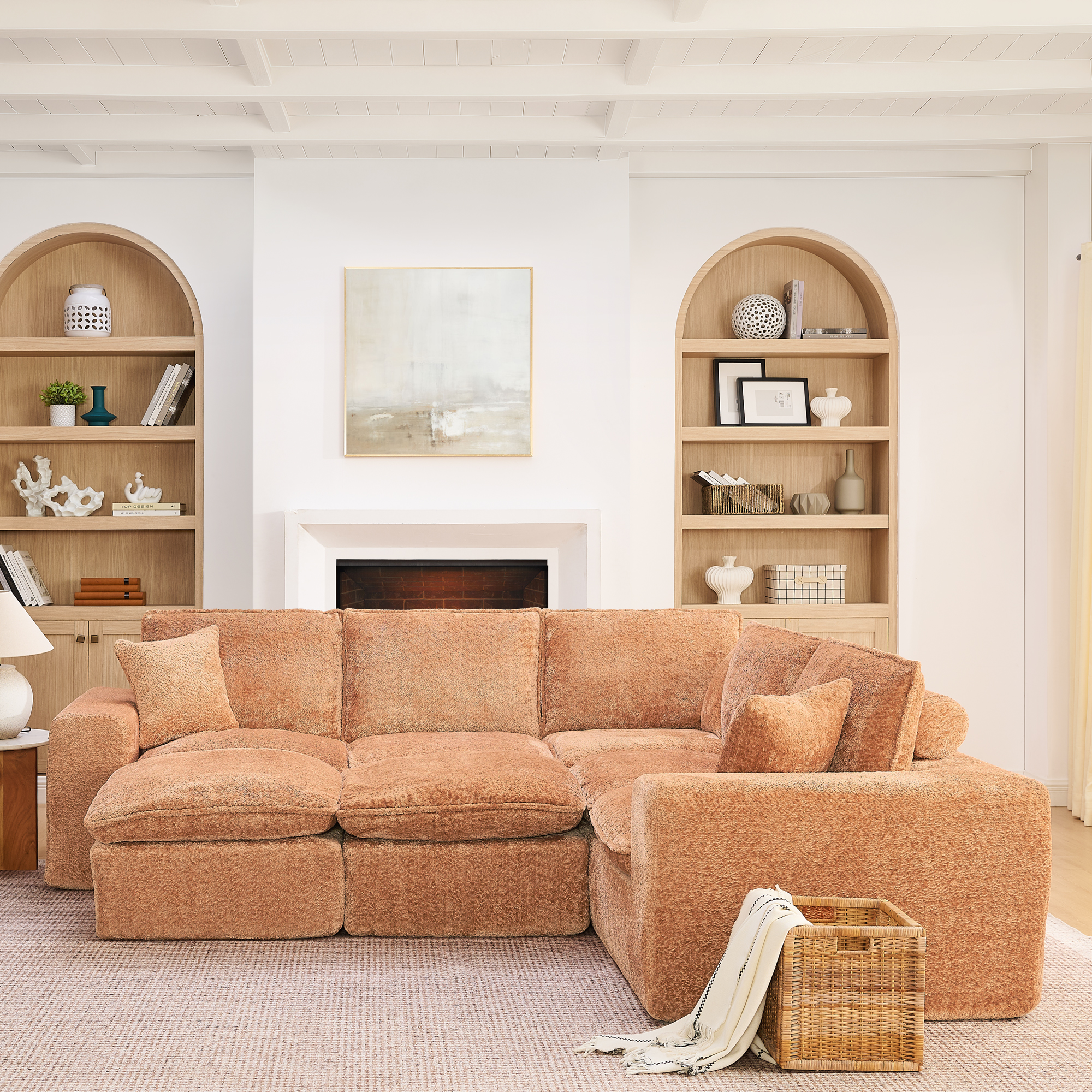 107'' Modern Boucle L-shaped Sectional Sofa with Two Moveable Ottomans for Living Room, Comfy Cloud Couch with Pillows, DIY Combination - Image 2