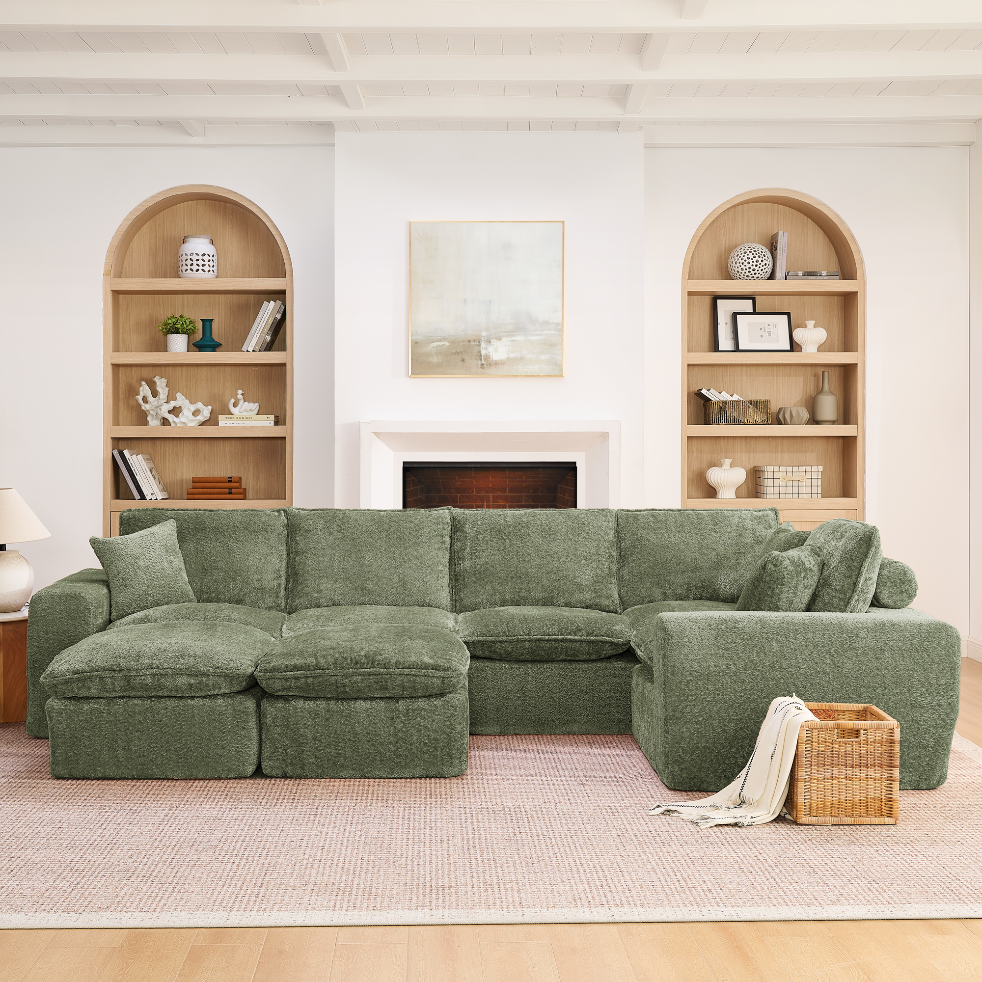 107'' Modern Boucle L-shaped Sectional Sofa with Two Moveable Ottomans for Living Room, Comfy Cloud Couch with Pillows, DIY Combination - Image 2