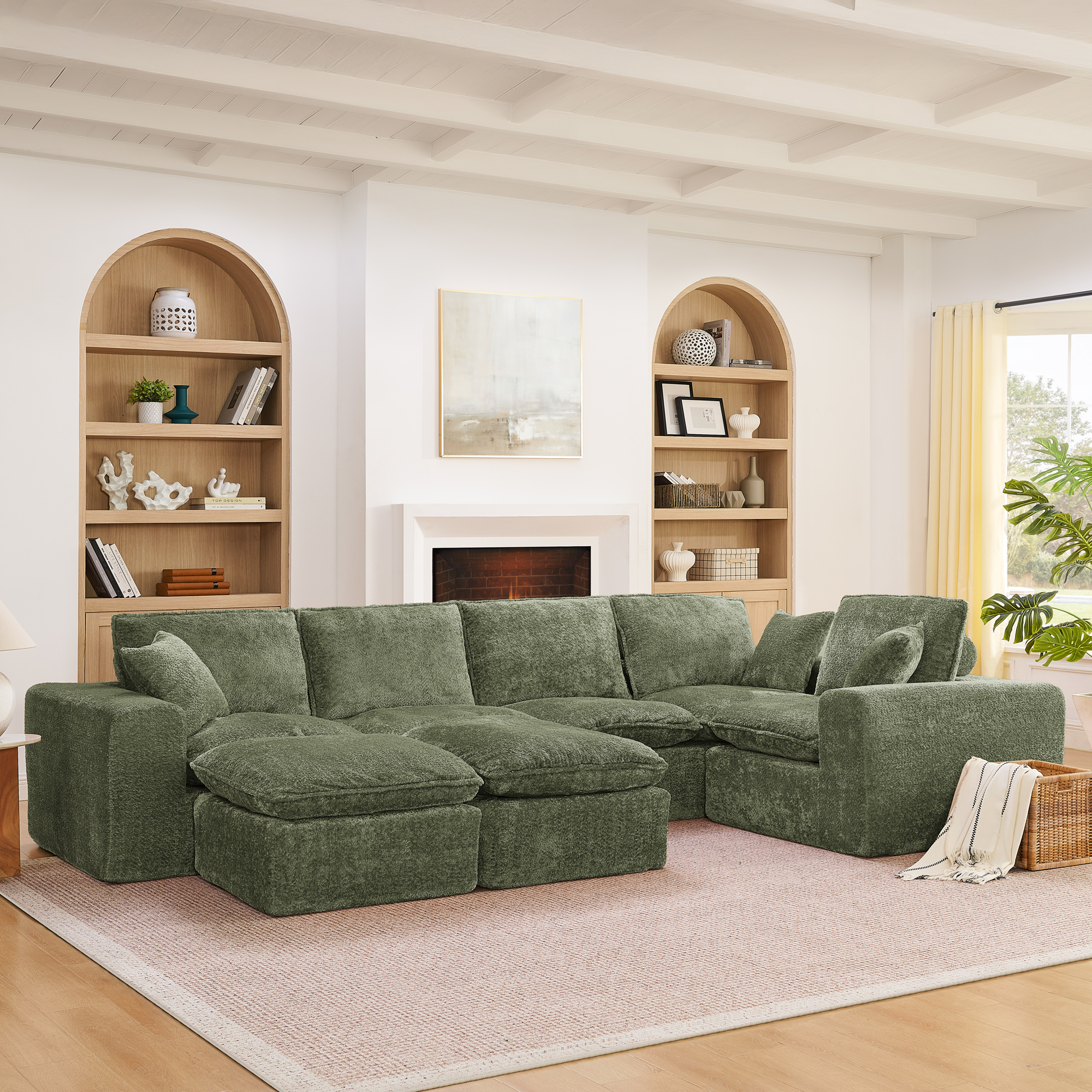 107'' Modern Boucle L-shaped Sectional Sofa with Two Moveable Ottomans for Living Room, Comfy Cloud Couch with Pillows, DIY Combination - Image 4