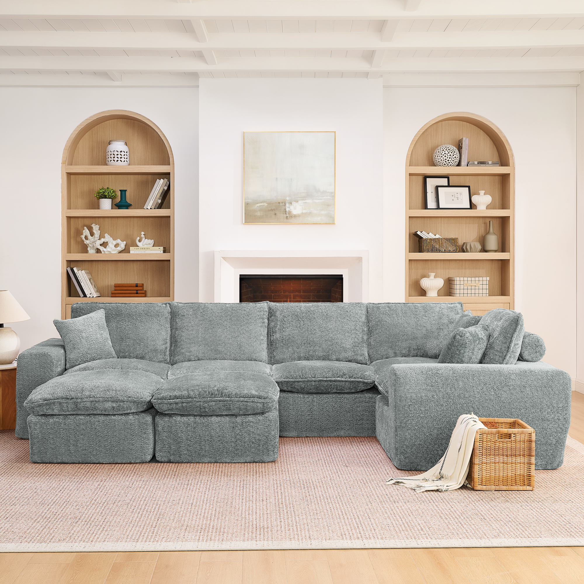 107'' Modern Boucle L-shaped Sectional Sofa with Two Moveable Ottomans for Living Room, Comfy Cloud Couch with Pillows, DIY Combination - Image 2