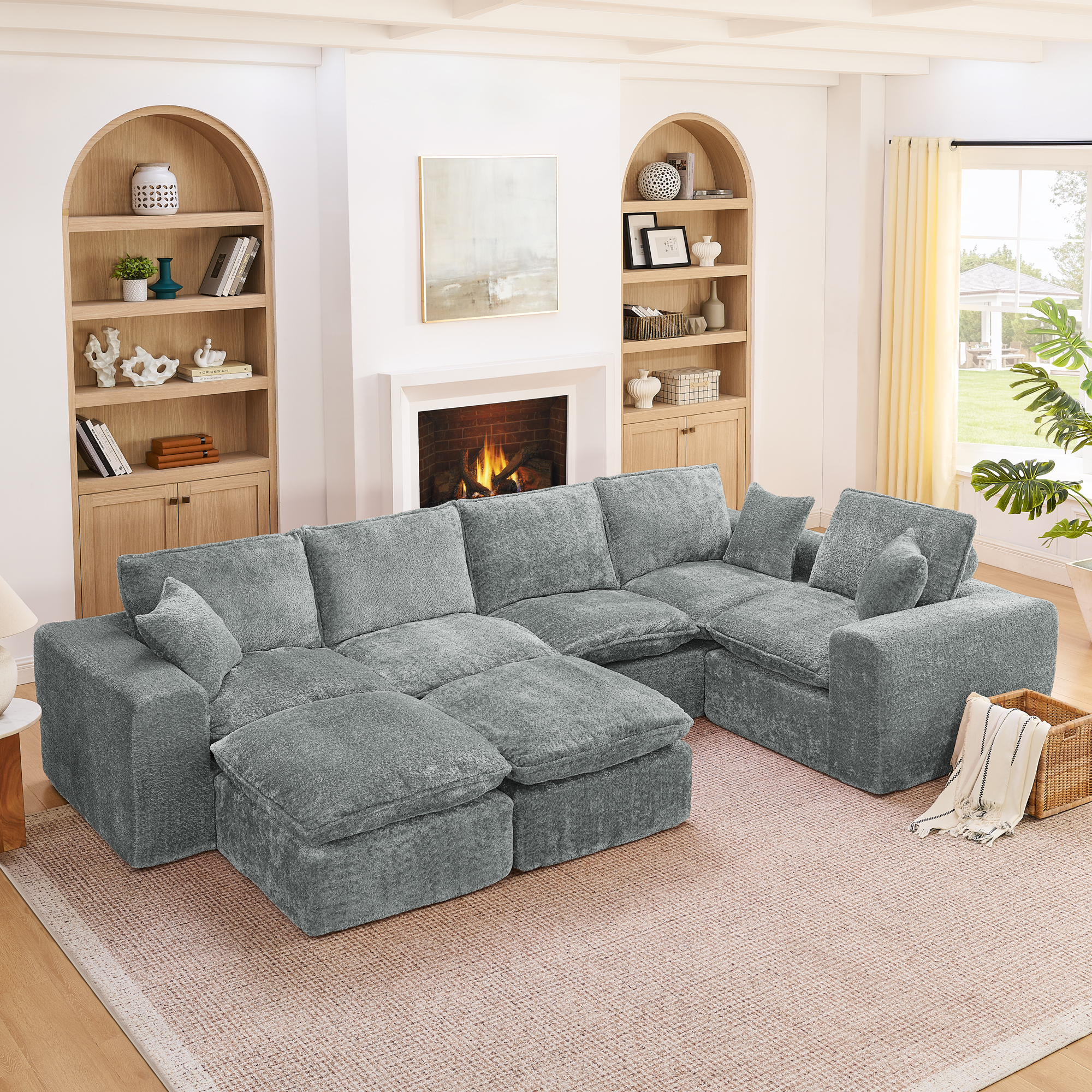 107'' Modern Boucle L-shaped Sectional Sofa with Two Moveable Ottomans for Living Room, Comfy Cloud Couch with Pillows, DIY Combination - Image 3